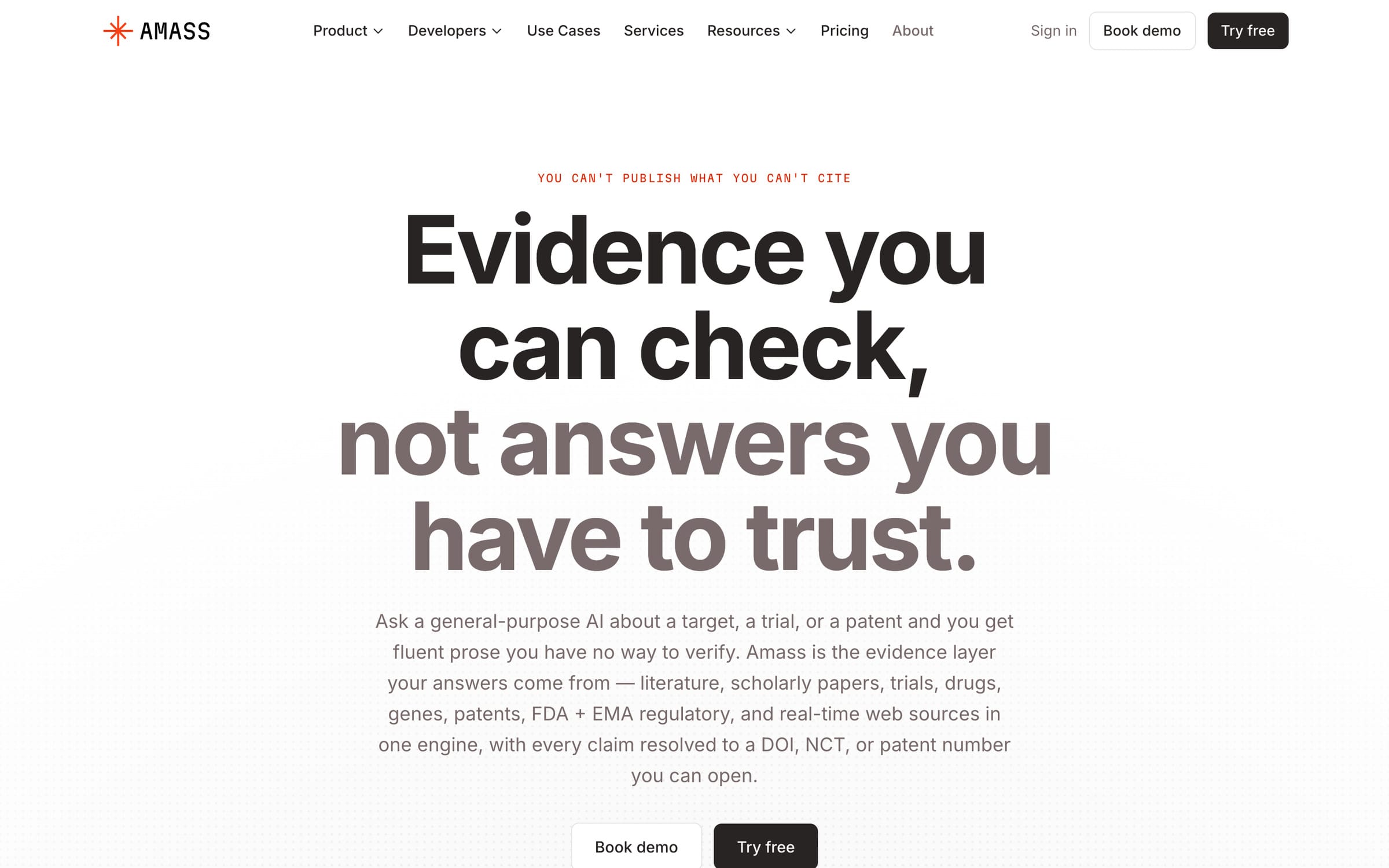 The amass.tech home page: “Evidence you can check, not answers you have to trust.” over a dotted cream ground.