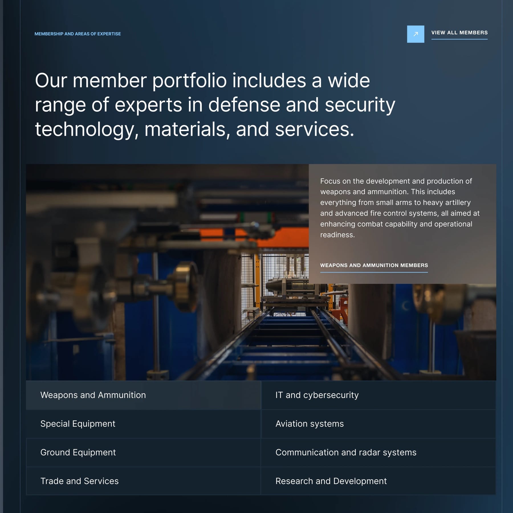 The AOBP membership section: a member portfolio headline, a factory photograph and eight industry categories.