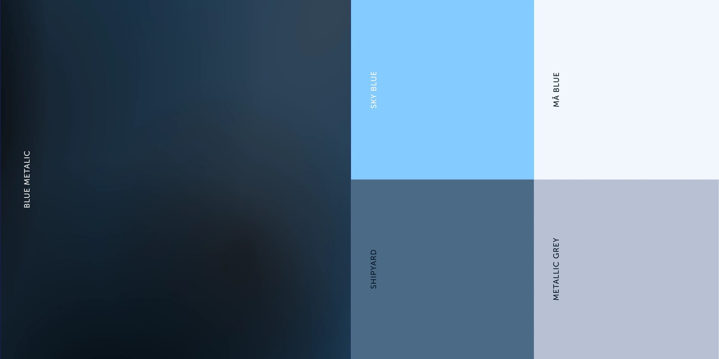 AOBP colour palette: a large Blue Metallic gradient beside swatches of Sky Blue, Shipyard, Metallic Grey and Mā Blue.