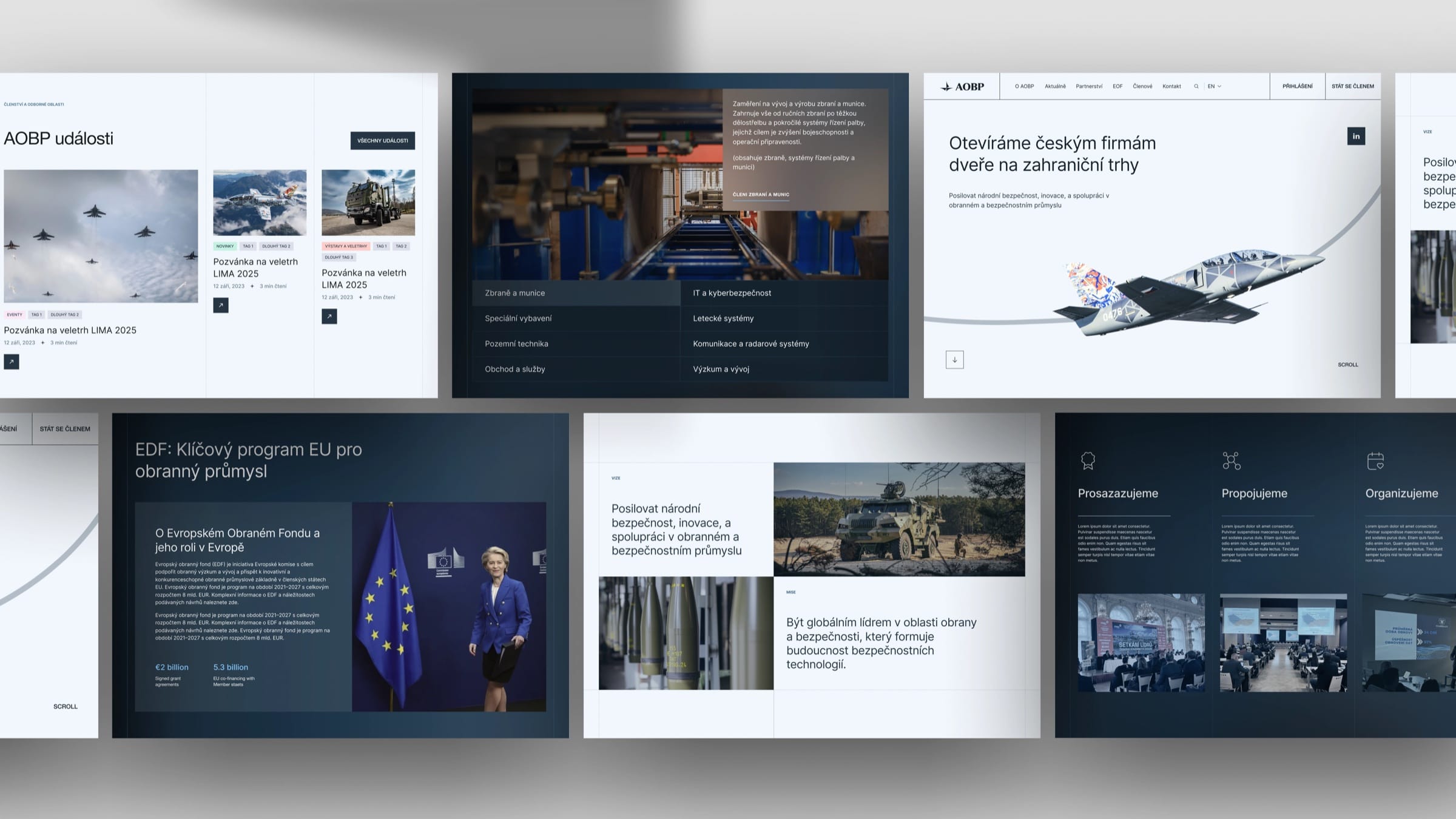 AOBP website modules: events, member categories, the homepage hero, an EU defence fund feature, vision and mission.