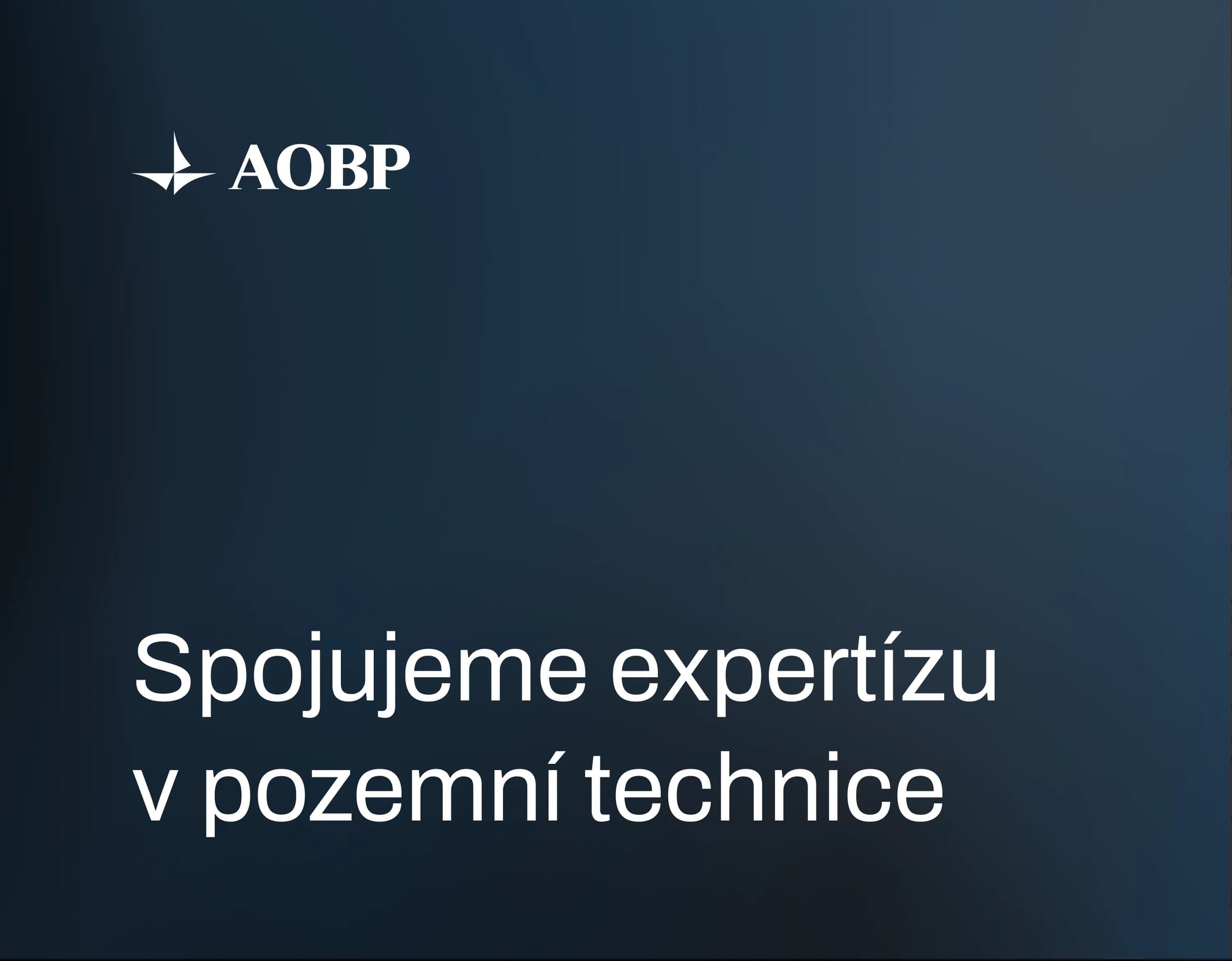 A dark blue marketing module with the AOBP logo and the Czech headline “Spojujeme expertízu v pozemní technice”.