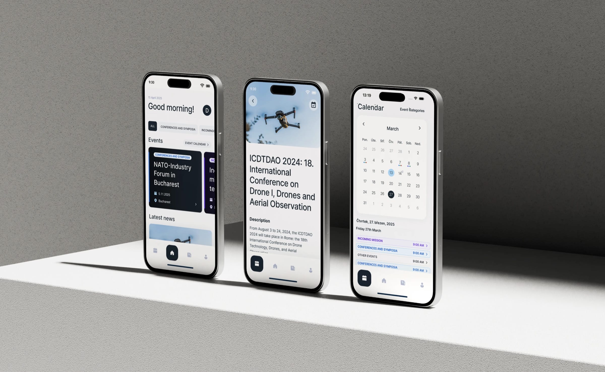 Three phones on a ledge showing the AOBP member app: a home screen with events, a conference page and an event calendar.