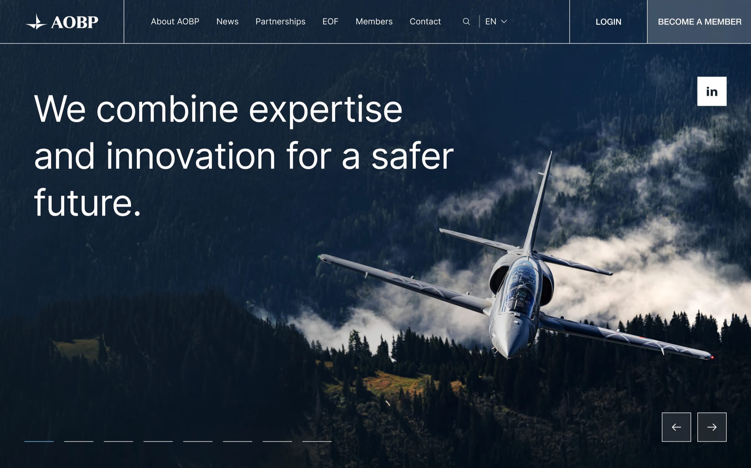 The AOBP website hero: “We combine expertise and innovation for a safer future” beside a jet flying over a misty forest.