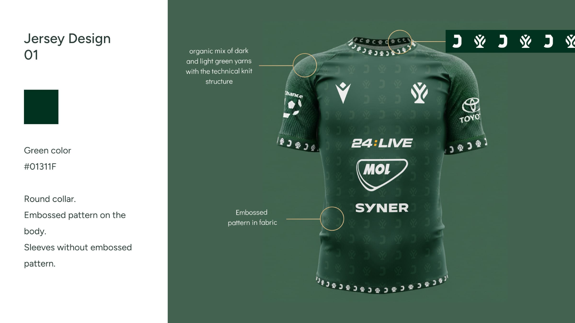 Jersey design 01: a deep green shirt with dark green patterned tape at the collar, cuffs and hem, with callouts for the knit and the embossed pattern.