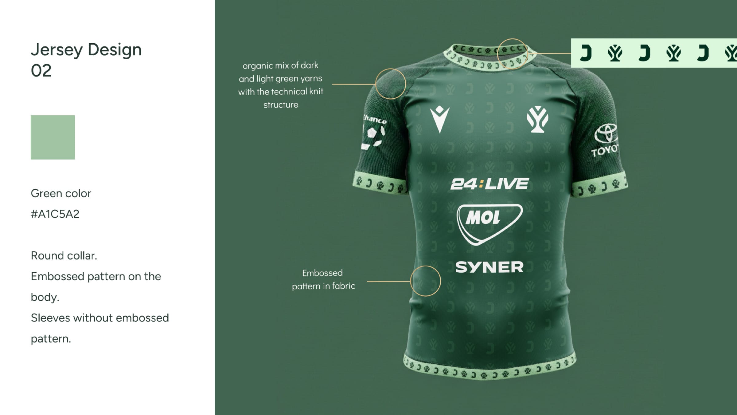 Jersey design 02: the same shirt with the patterned tape in pale green at the collar, cuffs and hem.