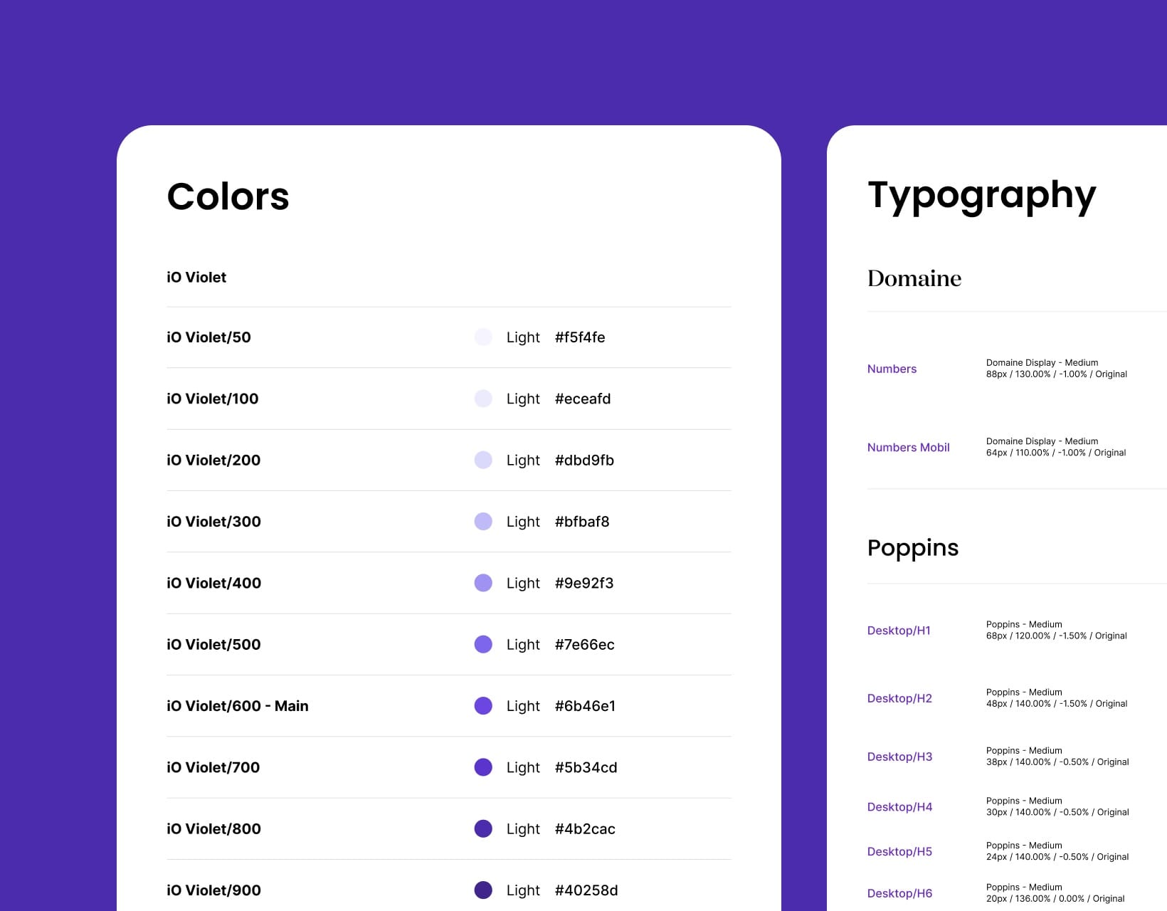 Design tokens on violet: the iO Violet colour scale from 50 to 900, and typography styles in Domaine and Poppins.