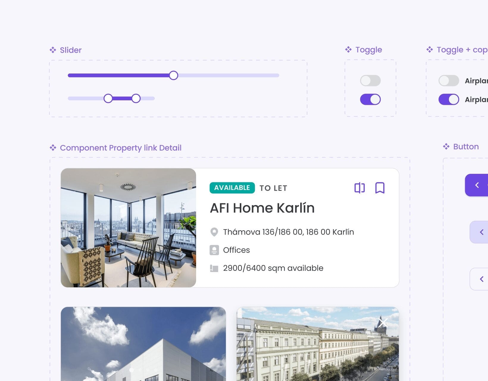 Components: sliders, toggles, buttons and a property card showing availability, address, type and available floor area.