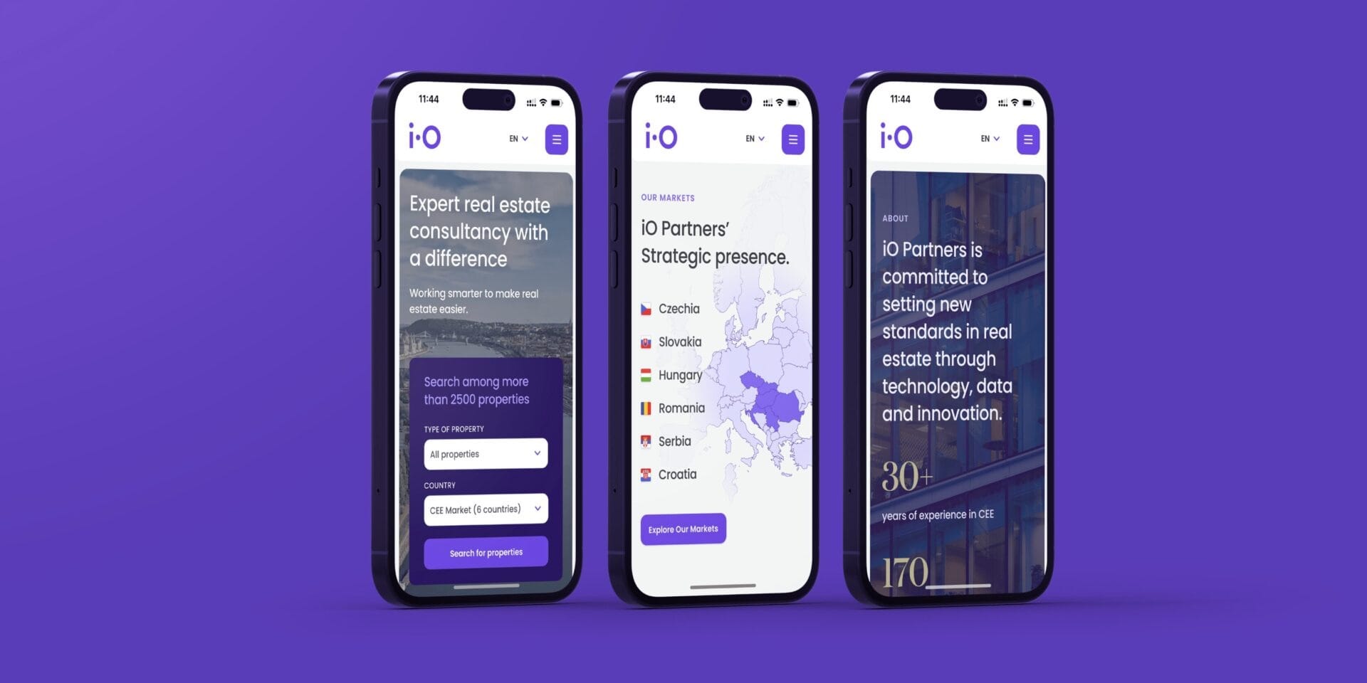 Three phones on violet showing the iO Partners mobile site: the homepage with search, the markets map and the about page.