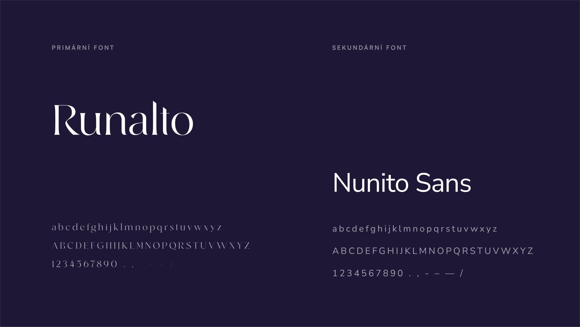 Type specimen on deep purple: Runalto as the primary font and Nunito Sans as the secondary, with alphabets and numerals.