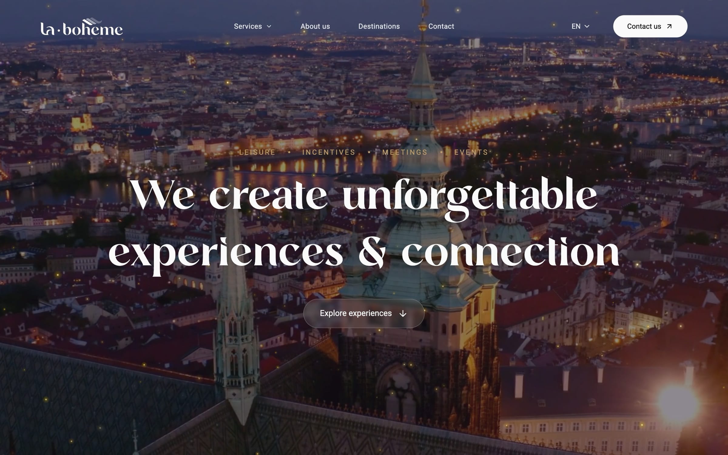 A scroll through the La-Bohème home page, from evening footage of Prague to the services gallery, testimonials and footer.