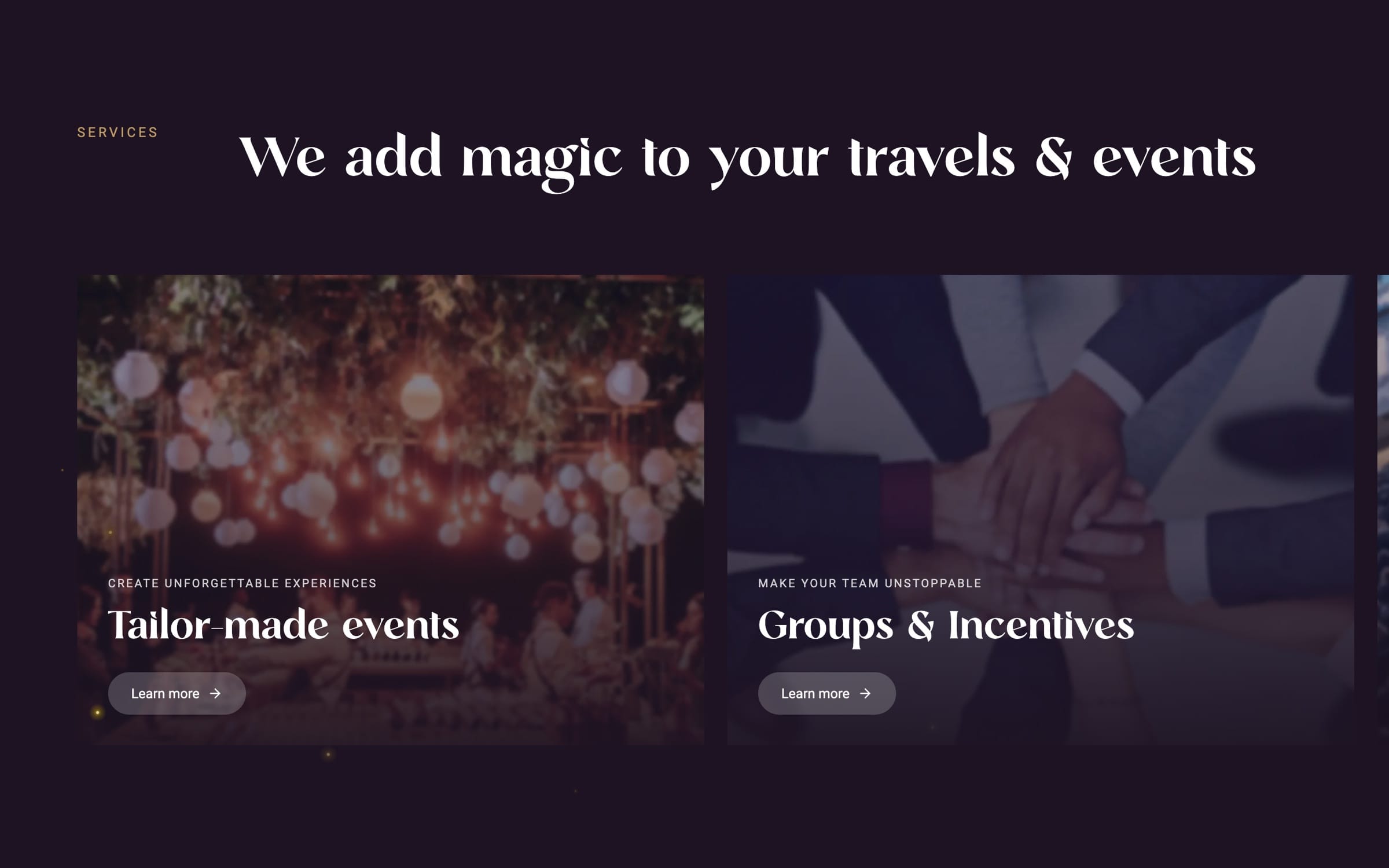 The services section on purple, “We add magic to your travels & events”, with Tailor-made events and Groups & Incentives.