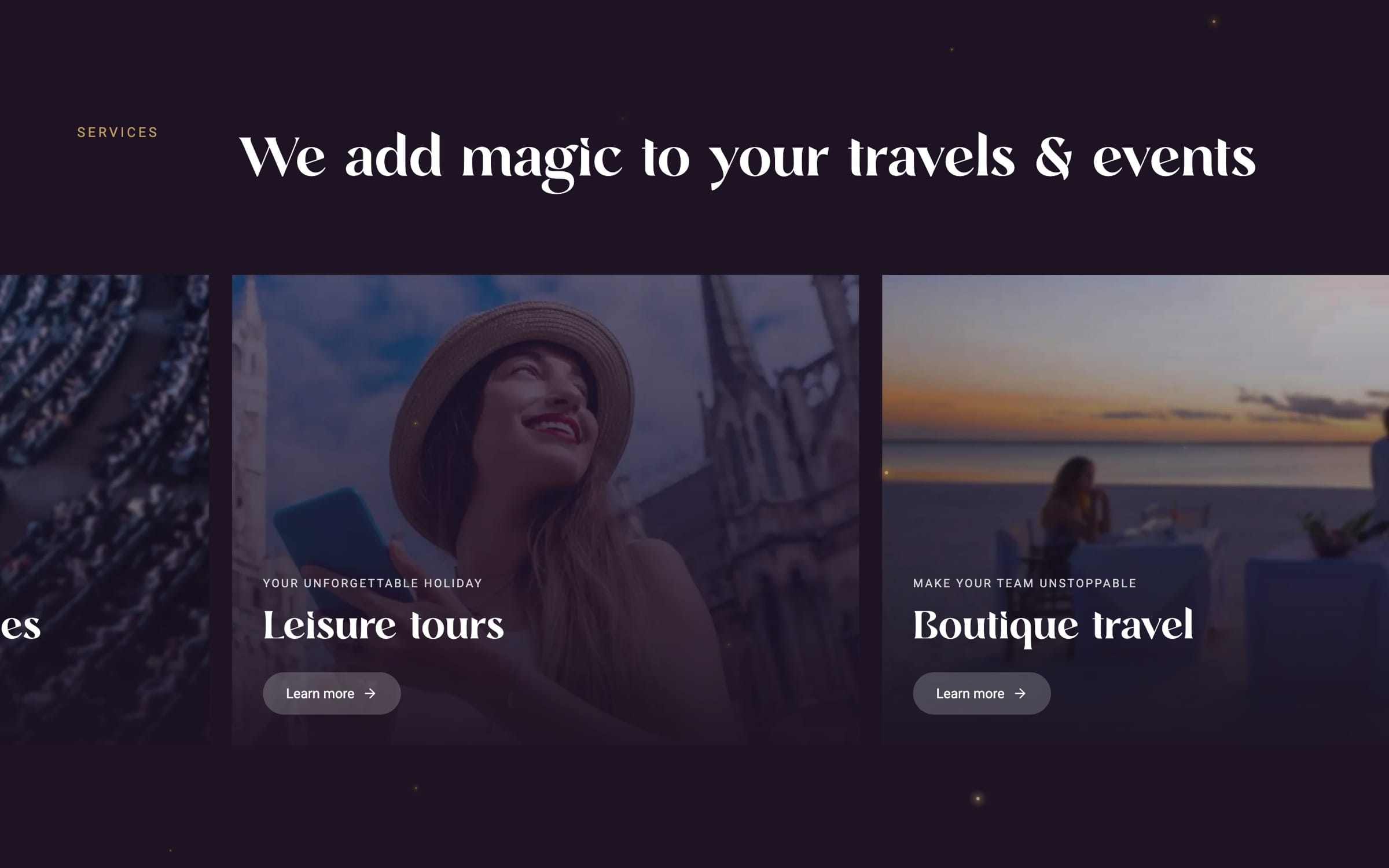 Further along the gallery: Leisure tours, a smiling woman in a sun hat, and Boutique travel, a couple on a terrace at sunset.