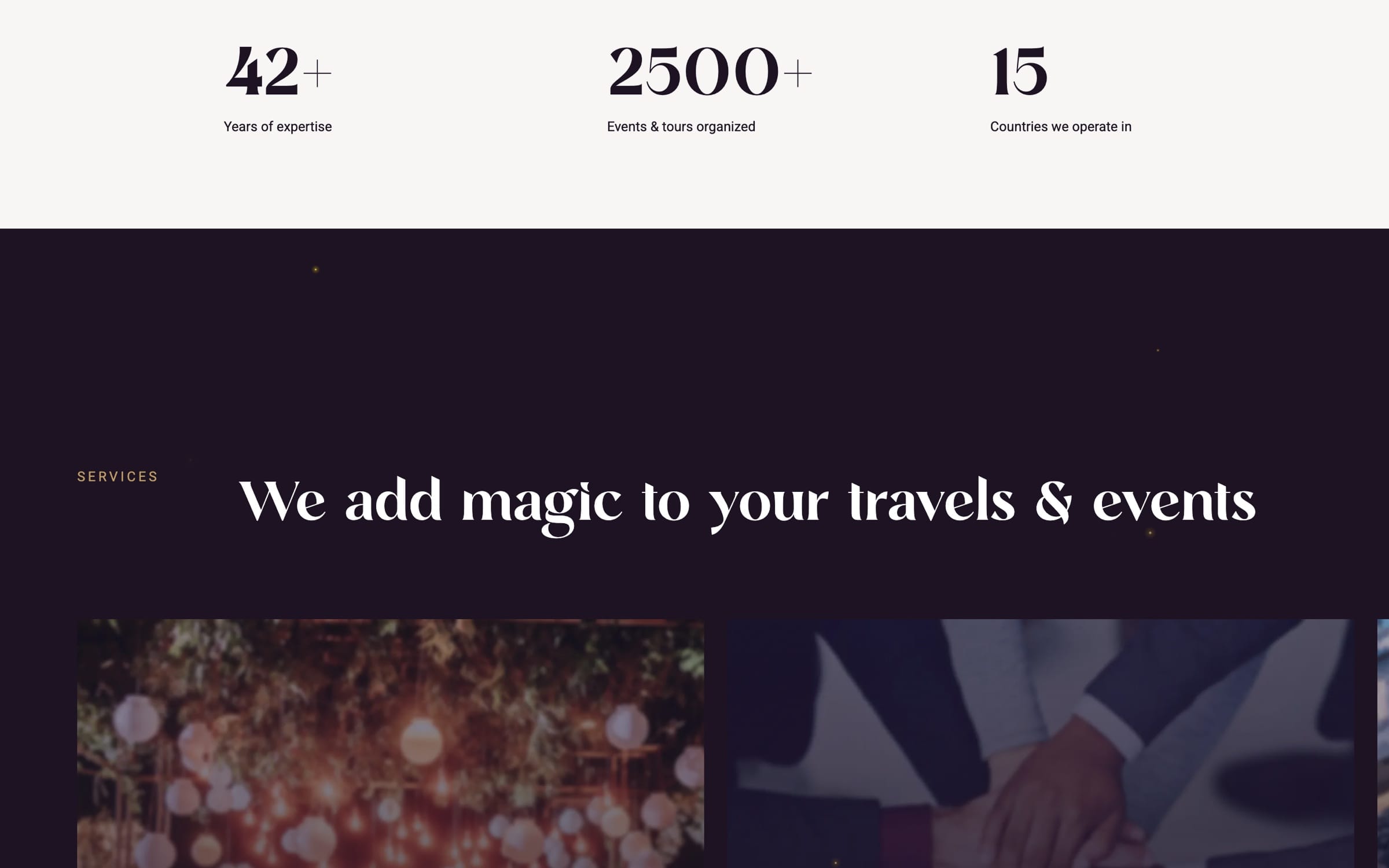 An ivory band with 42+ years of expertise, 2500+ events and tours organised and 15 countries, above the services section.