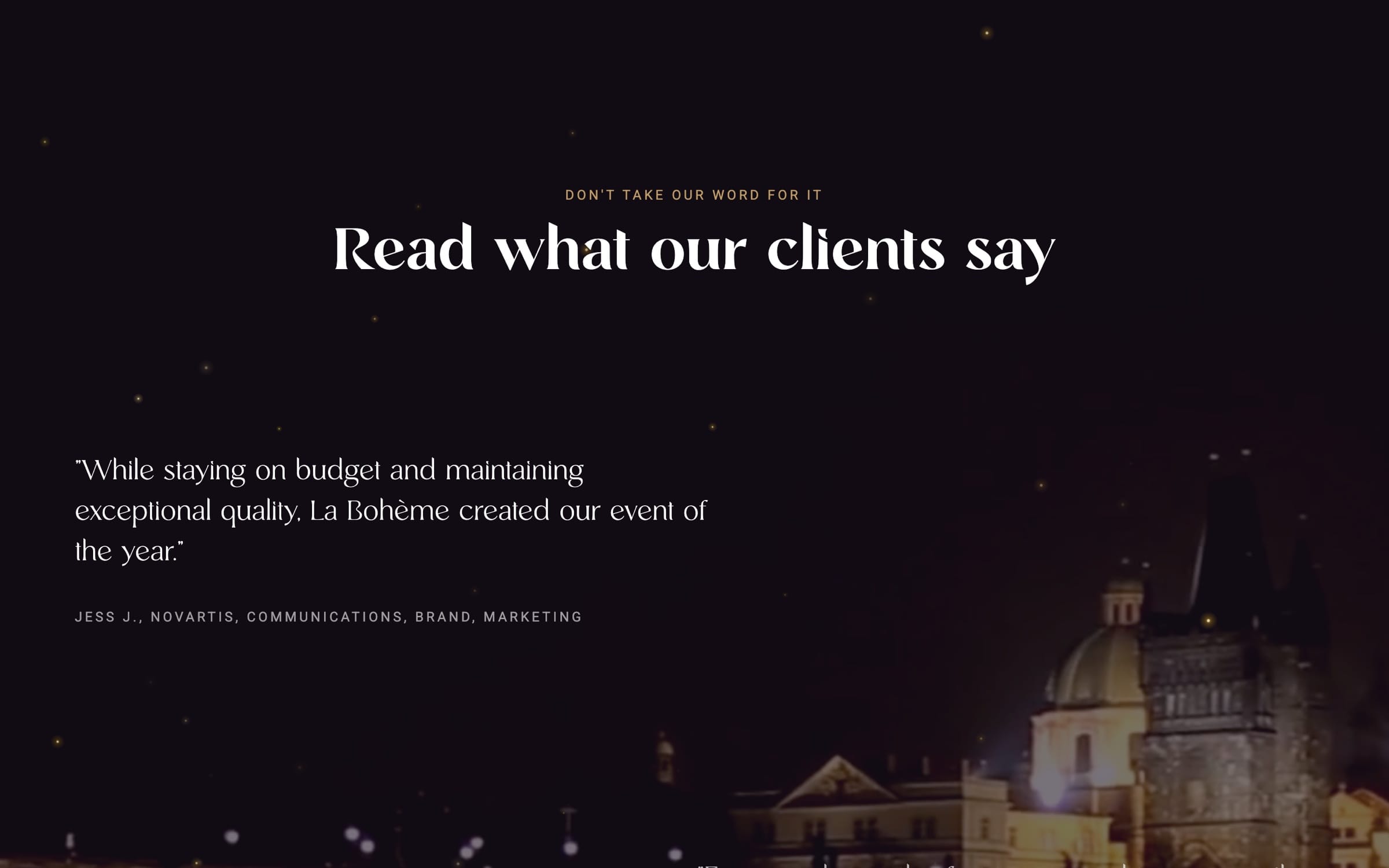 “Read what our clients say” on a dark night sky with specks of gold light, above a client quote and the lit towers of Prague.