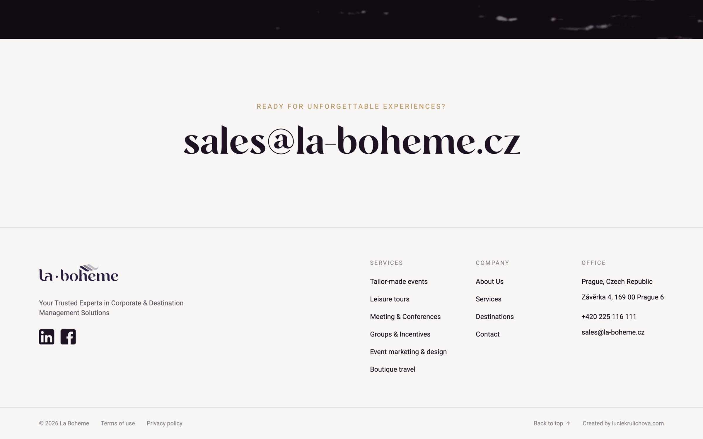 The ivory footer: “Ready for unforgettable experiences?” above the sales email in large serif type.