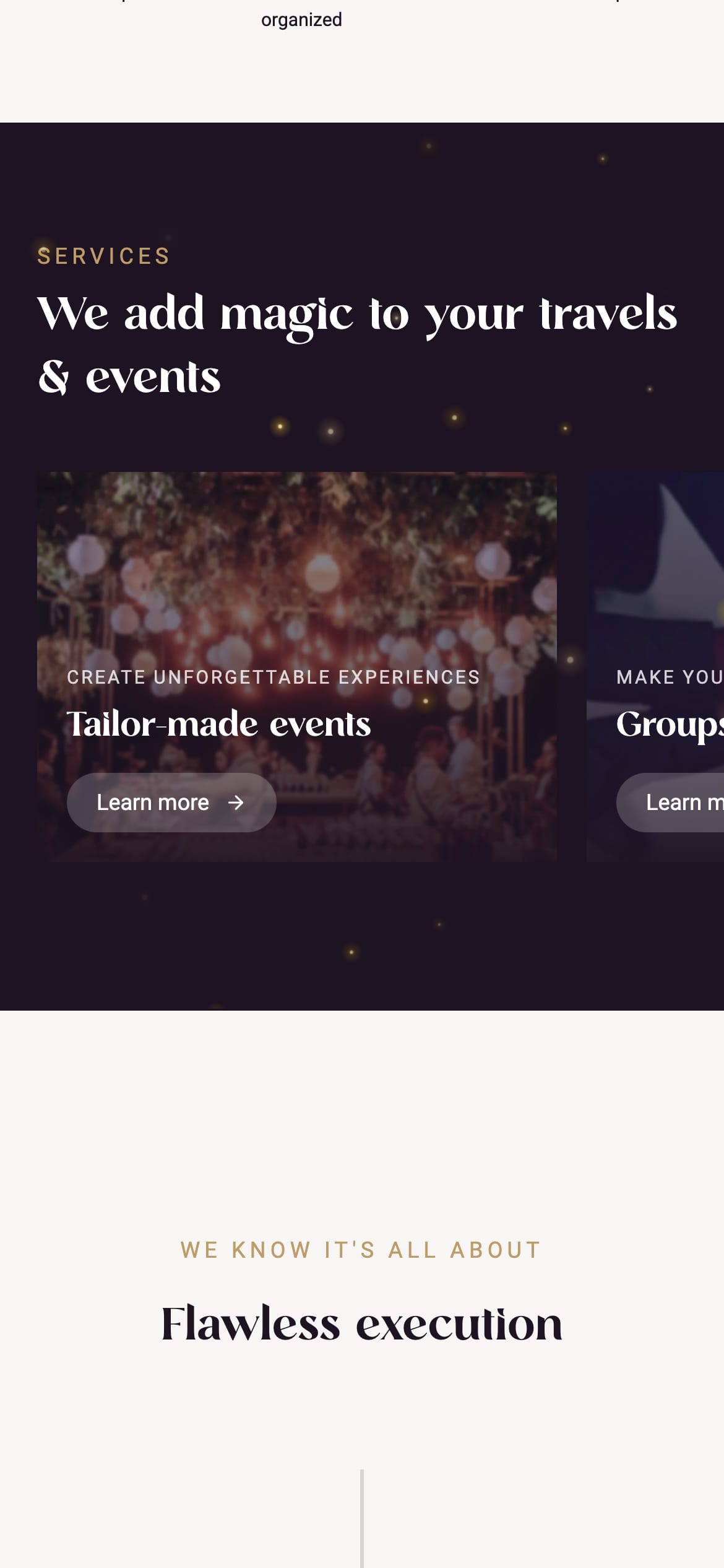 The services section on a phone: “We add magic to your travels & events” above a swipeable Tailor-made events card.