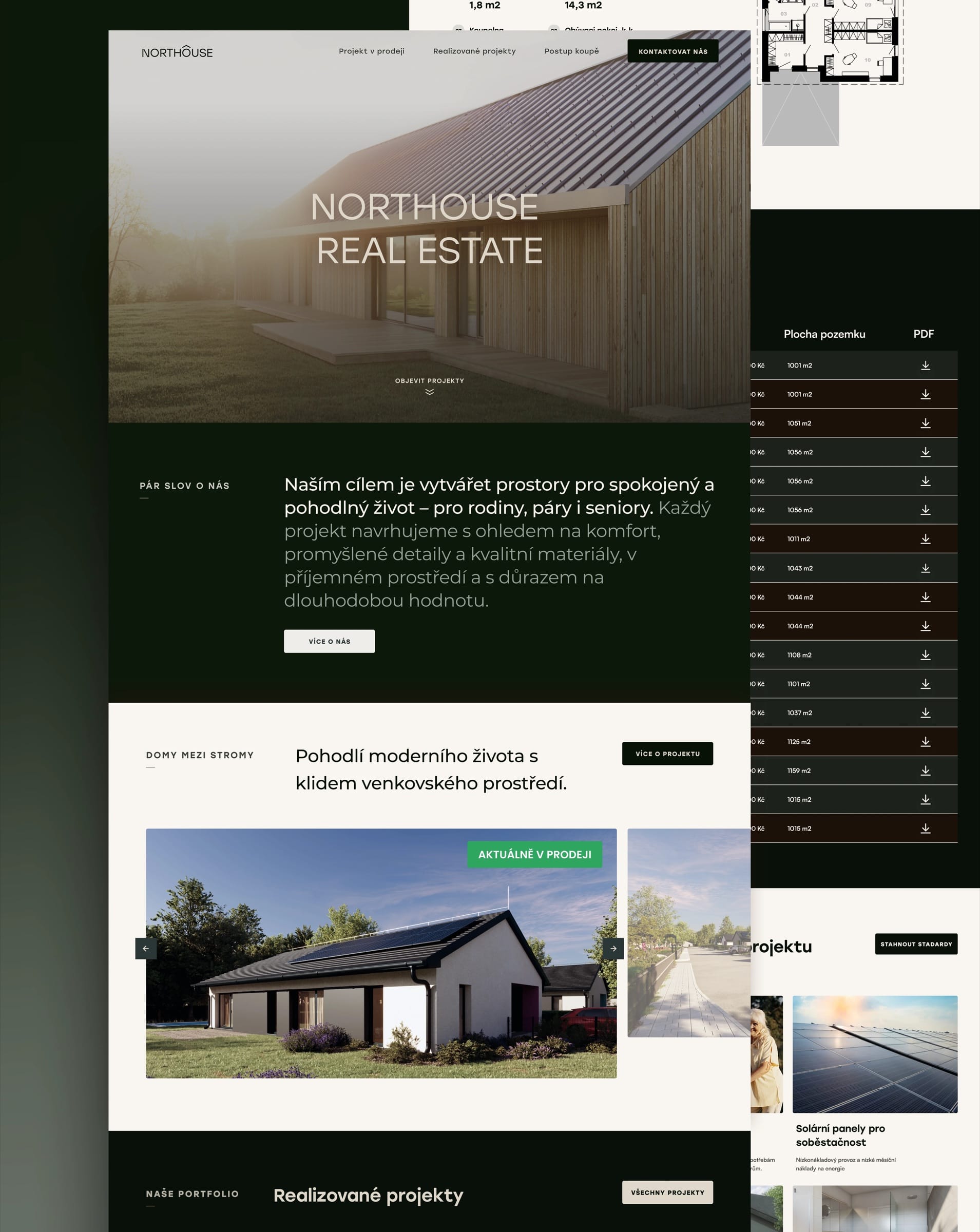 The Northouse homepage in Czech, with the Domy mezi stromy project slider, layered over a floor plan page and a plot table.