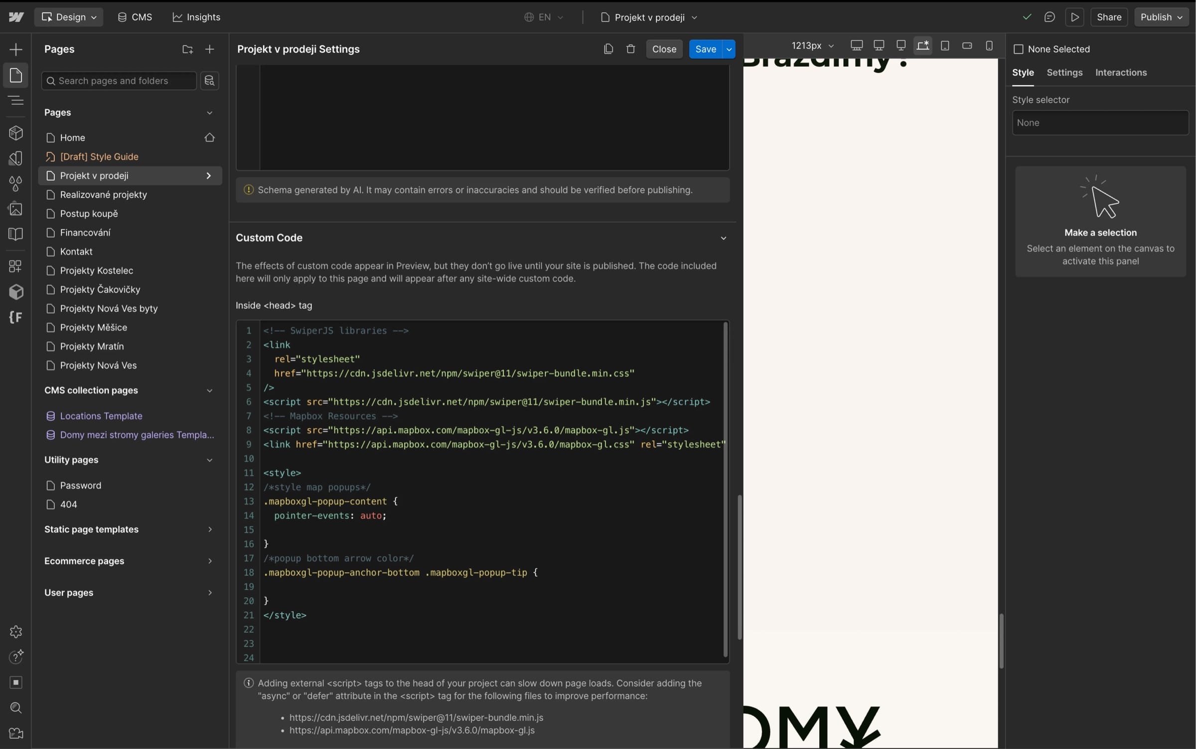 The Webflow editor for the Northouse “Projekt v prodeji” page, with custom head code loading Swiper and Mapbox GL.