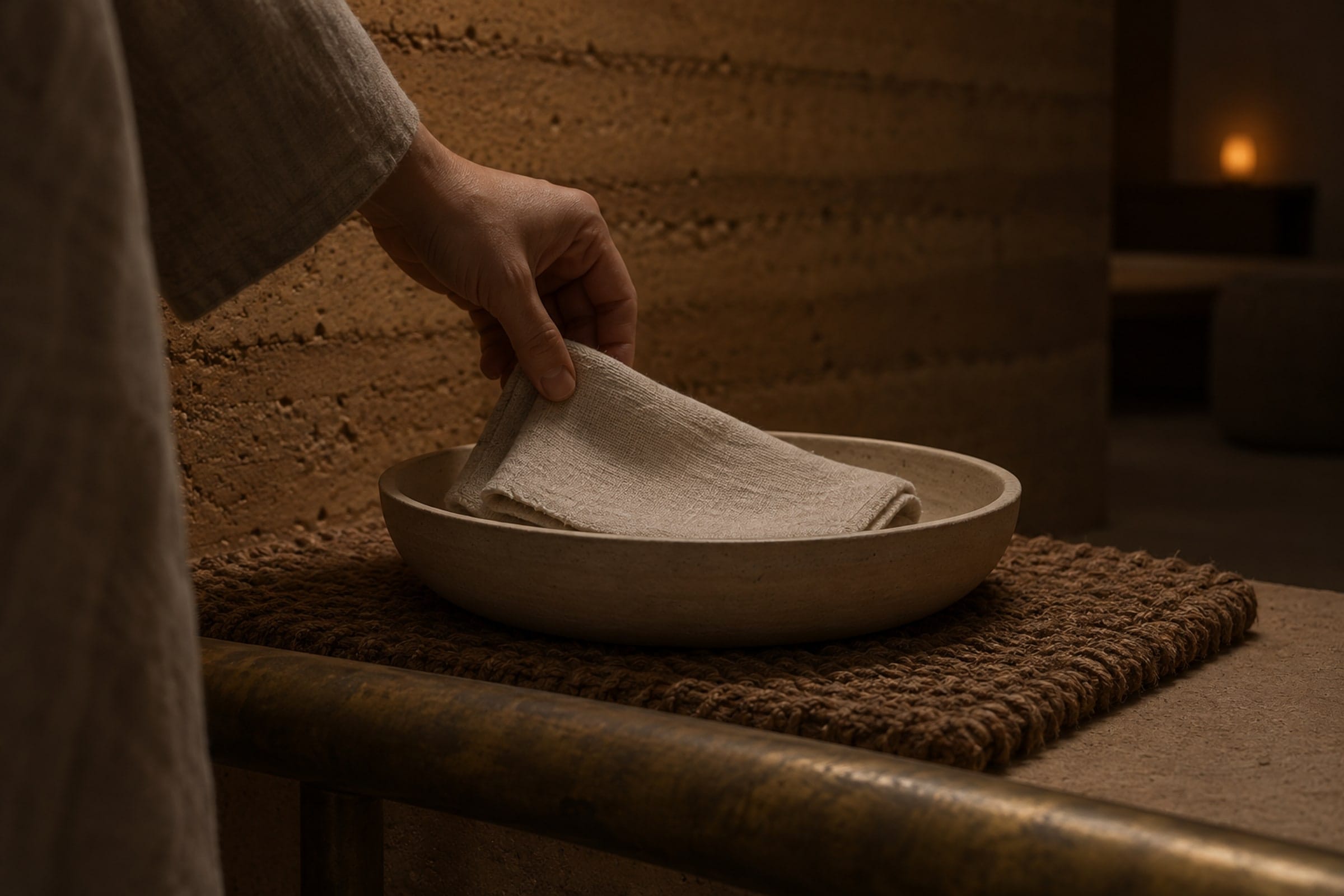 AI-generated visual: a hand lifting a folded square of unbleached linen from a shallow unglazed bisque dish on a coir mat, against a rammed-earth wall of horizontal lift lines, with a dull brass rail along the front edge.