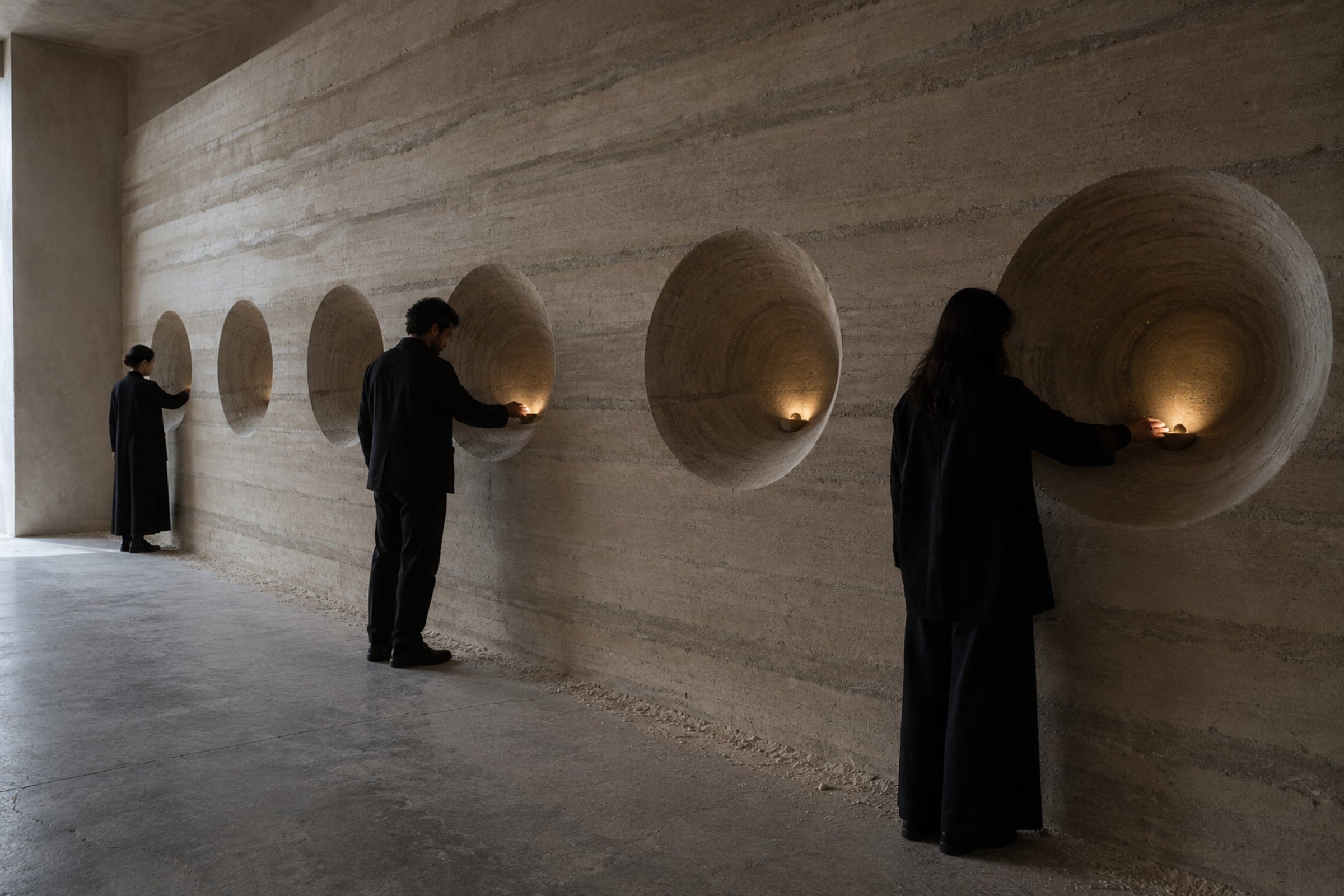 A long rammed-earth wall with six deep conical recesses, a single point of light far inside each one, and people standing at them.