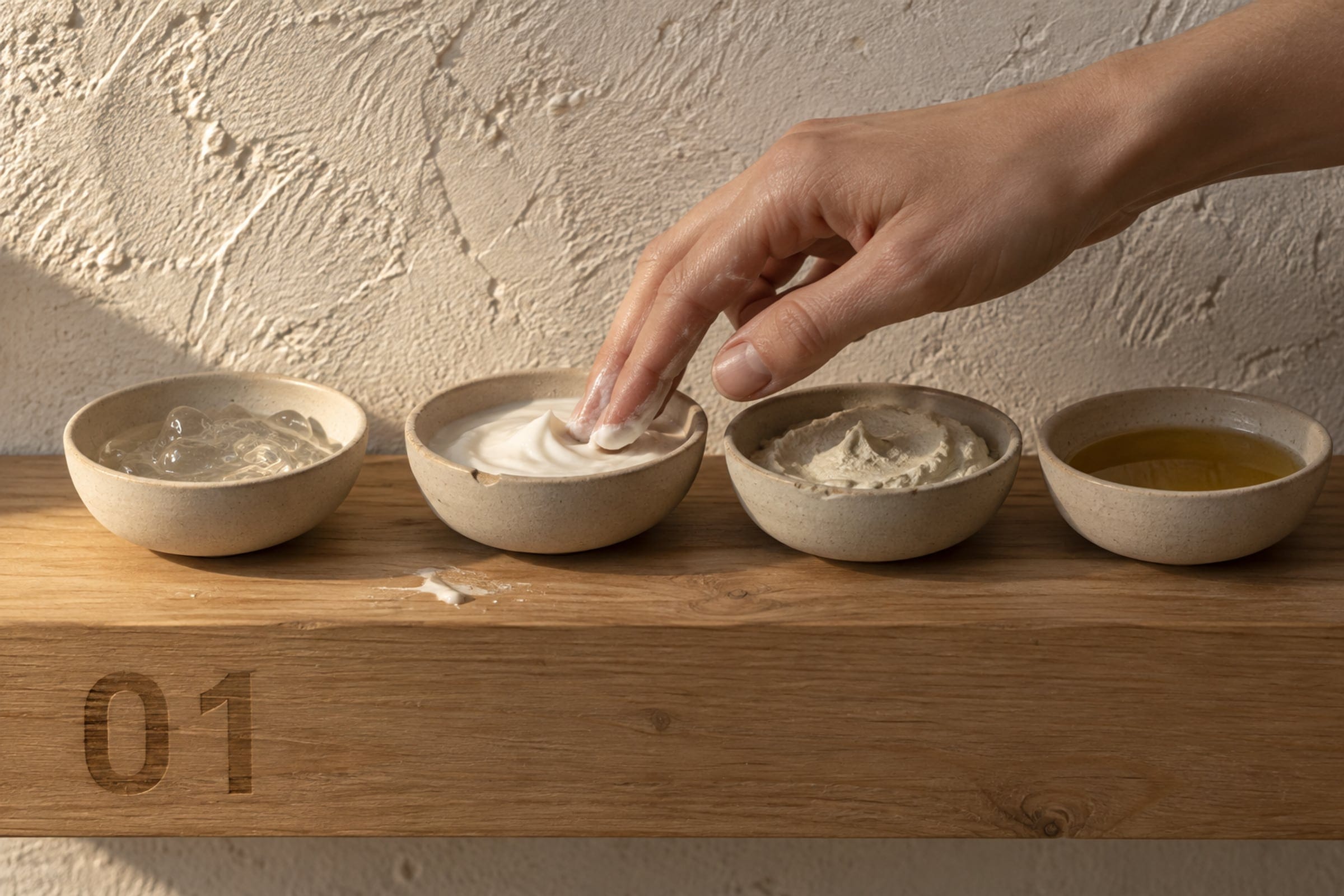 Four unglazed stoneware dishes on a timber counter, holding gel, cream, paste and oil, with a hand resting in the cream.