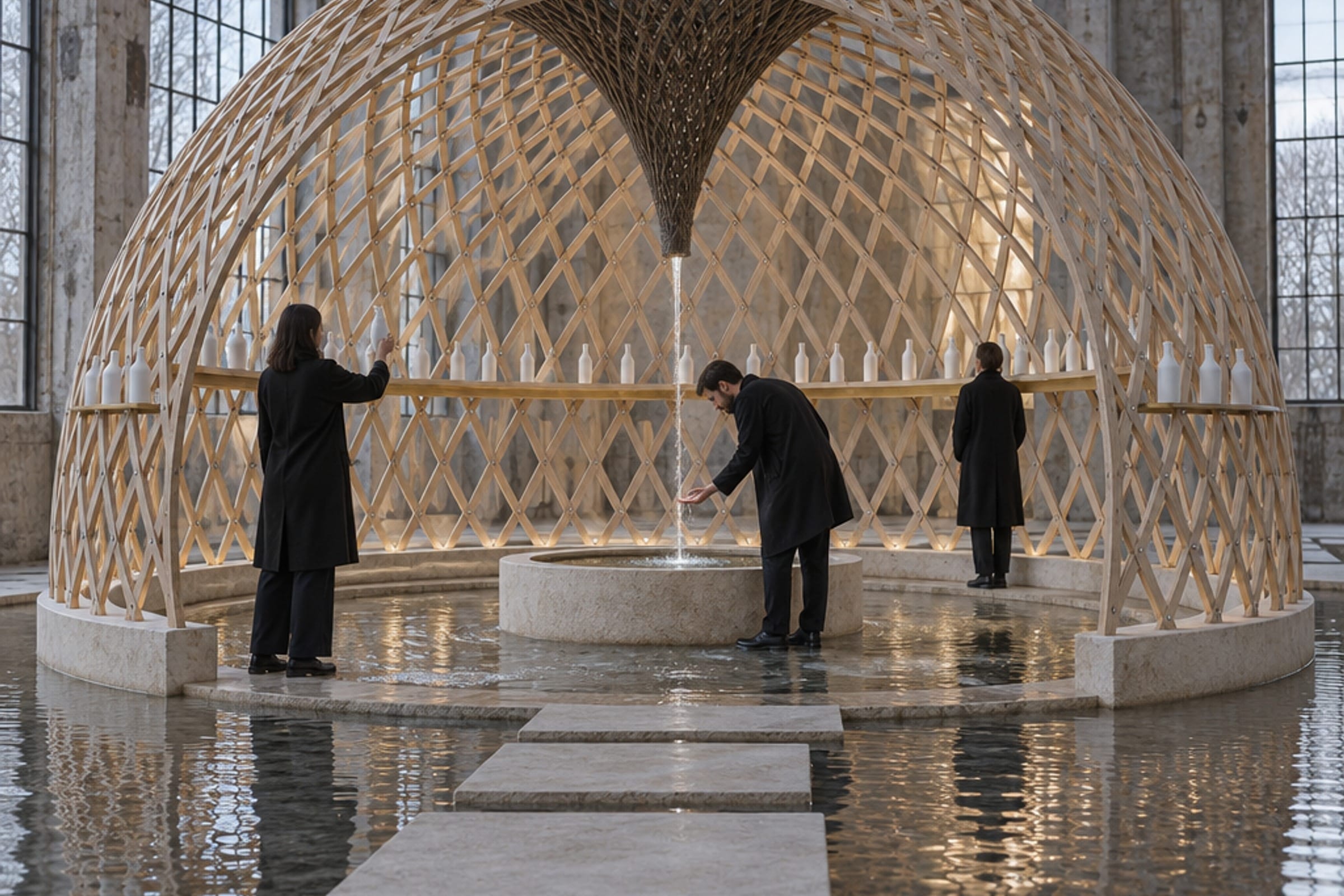 A timber gridshell canopy with a woven funnel at its centre, over a shallow water courtyard, with bottles set into the timber pockets and people standing at the stone basins.