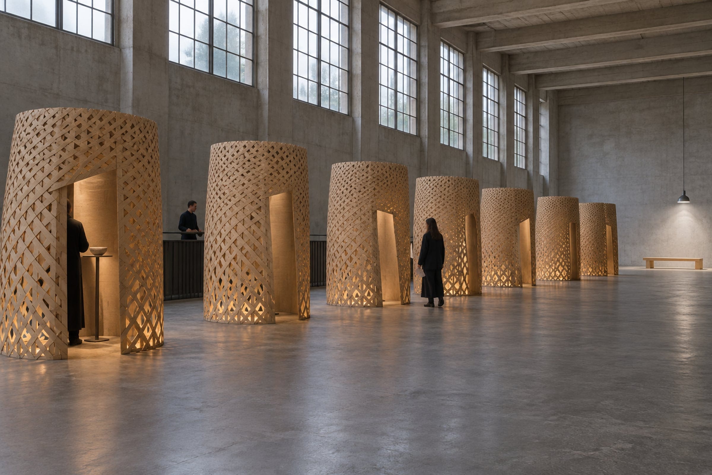 Seven freestanding woven larch cells, lit from within, standing in a line in an empty concrete hall.