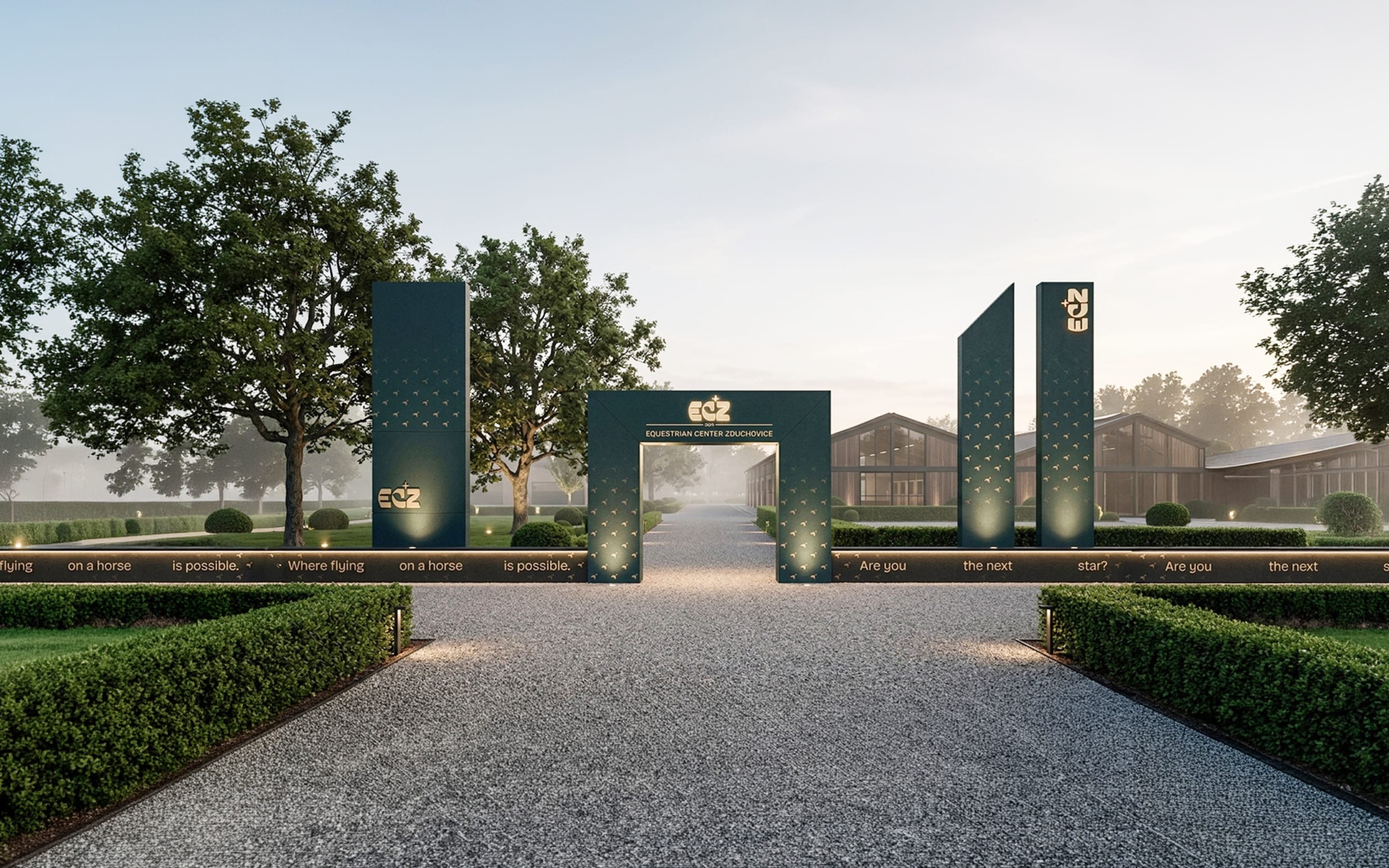 Evening render of the ECZ entrance gate: dark green pylons lit from below and the gold ECZ mark along a gravel drive.