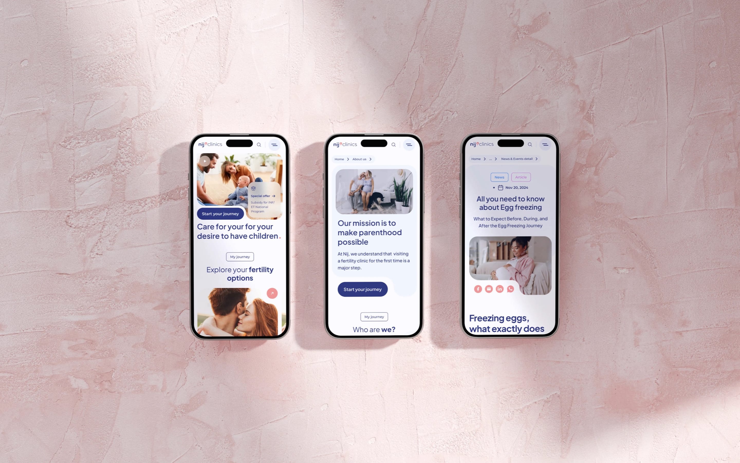 Three phones on a pink plaster wall showing Nij Clinics mobile pages: the homepage, mission and an article on egg freezing.