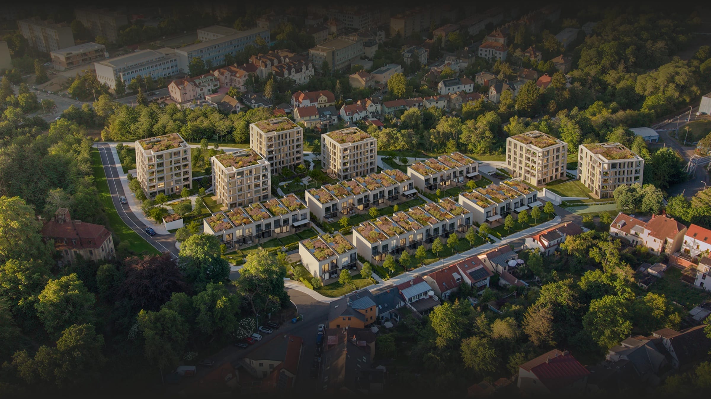 Aerial visualisation of BRIQUE in Prague-Veleslavín among trees.