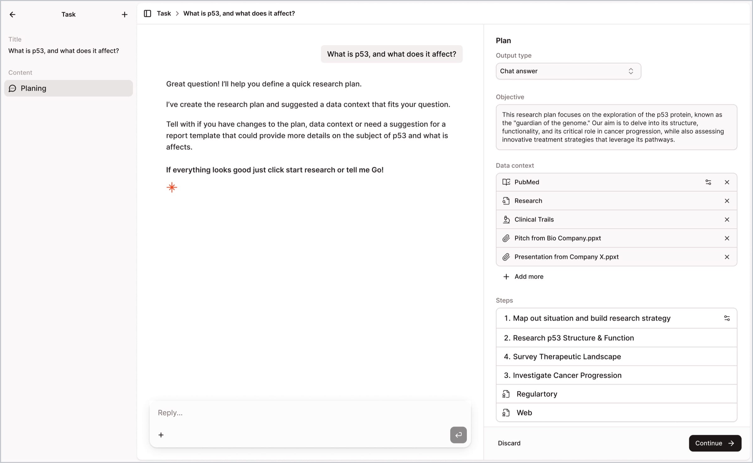 A later task: the chat on the left, and a plan on the right with output type, objective, data context and research steps.