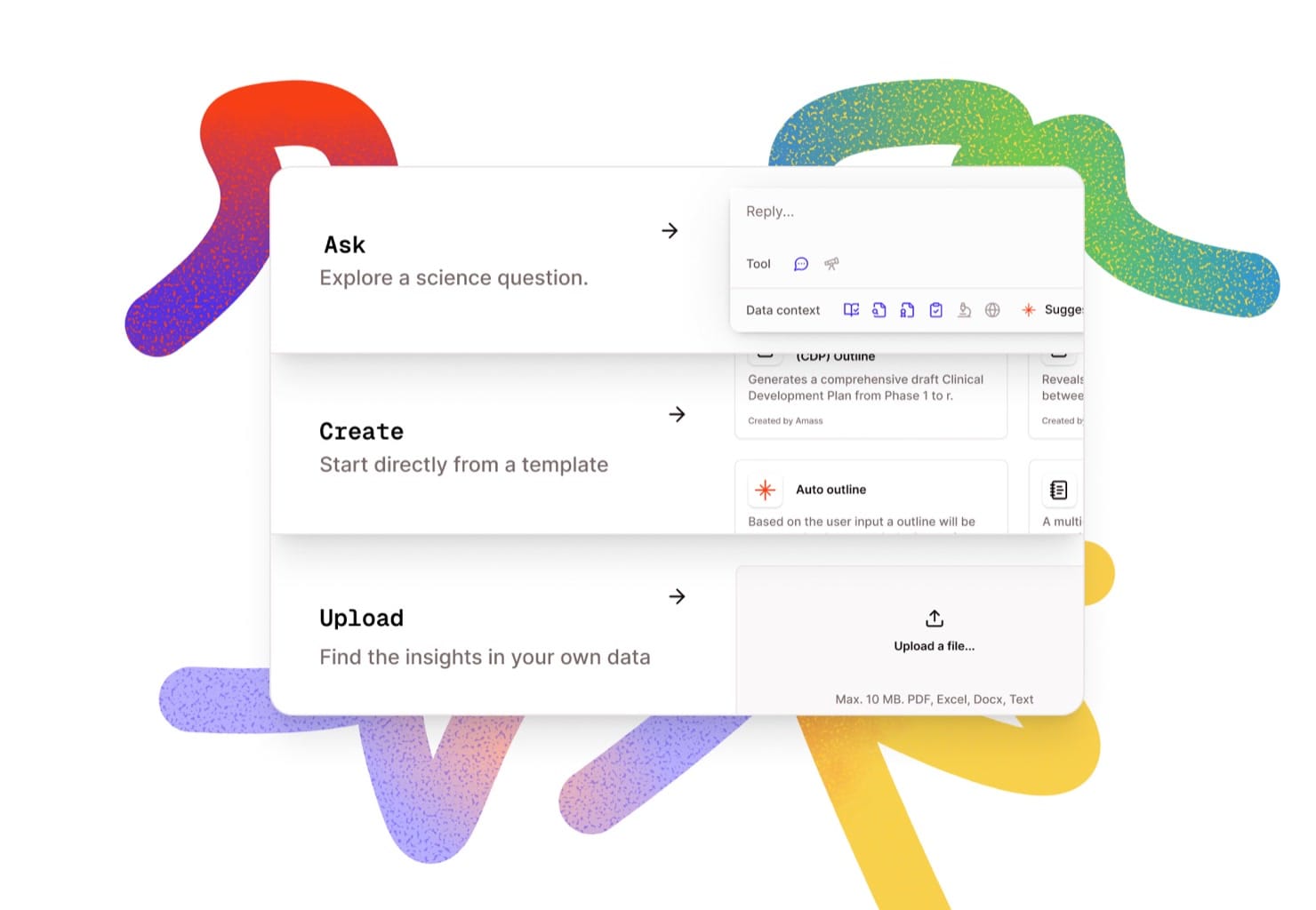 An earlier new-task screen with three starting modes, Ask, Create and Upload, over colourful brush strokes.