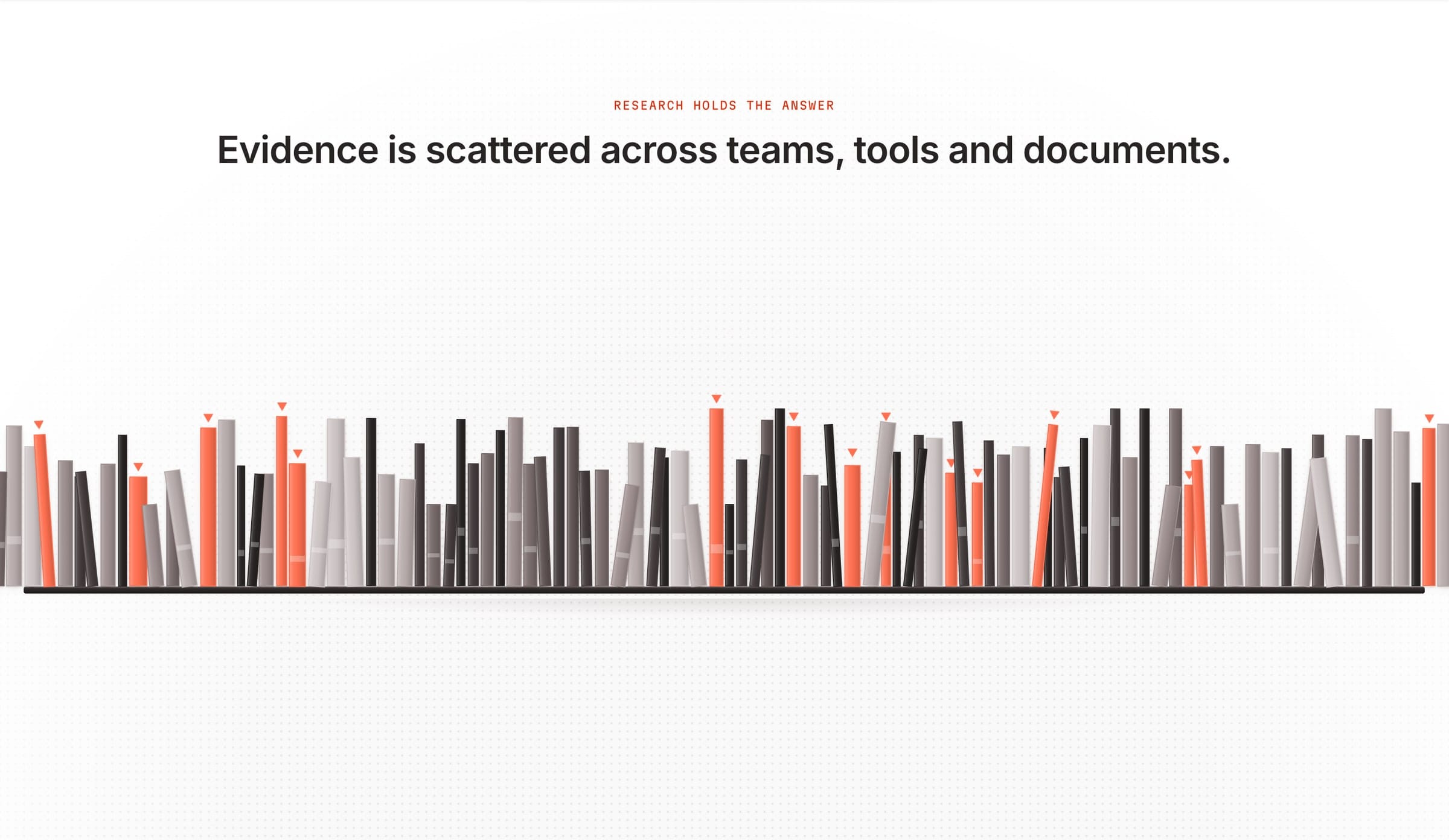 The amass.tech home page: “Evidence is scattered across teams, tools and documents.” above a shelf of orange and grey books.