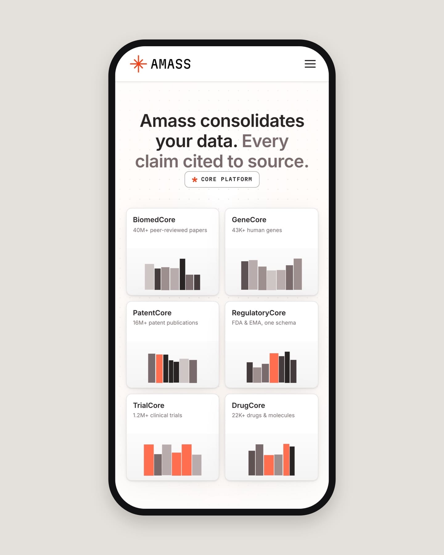 The amass.tech home page on a phone: the consolidation headline above six core cards in a two-column grid.
