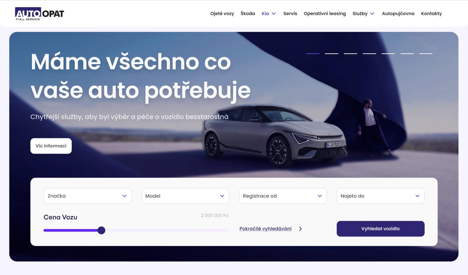Search panel option: a white panel with brand, model, registration and mileage fields and a price slider.