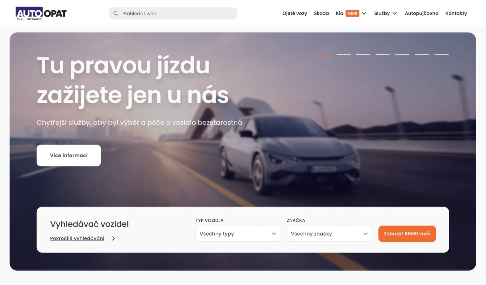 Search panel option: a compact white panel with vehicle type and brand, and an orange button showing the number of cars.