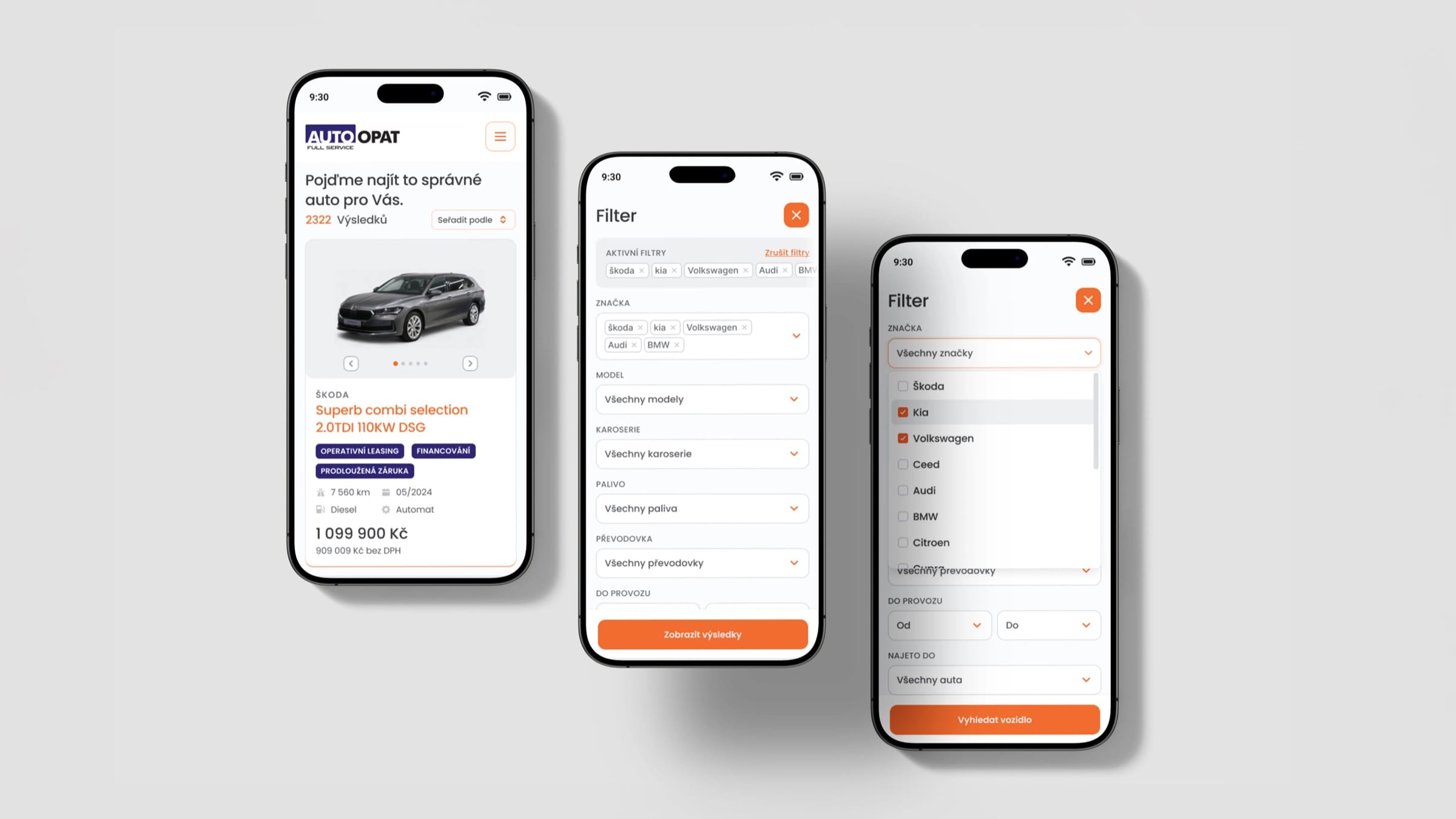 Three phones showing Auto Opat mobile search: a Škoda Superb Combi result, the filter sheet and a brand dropdown.