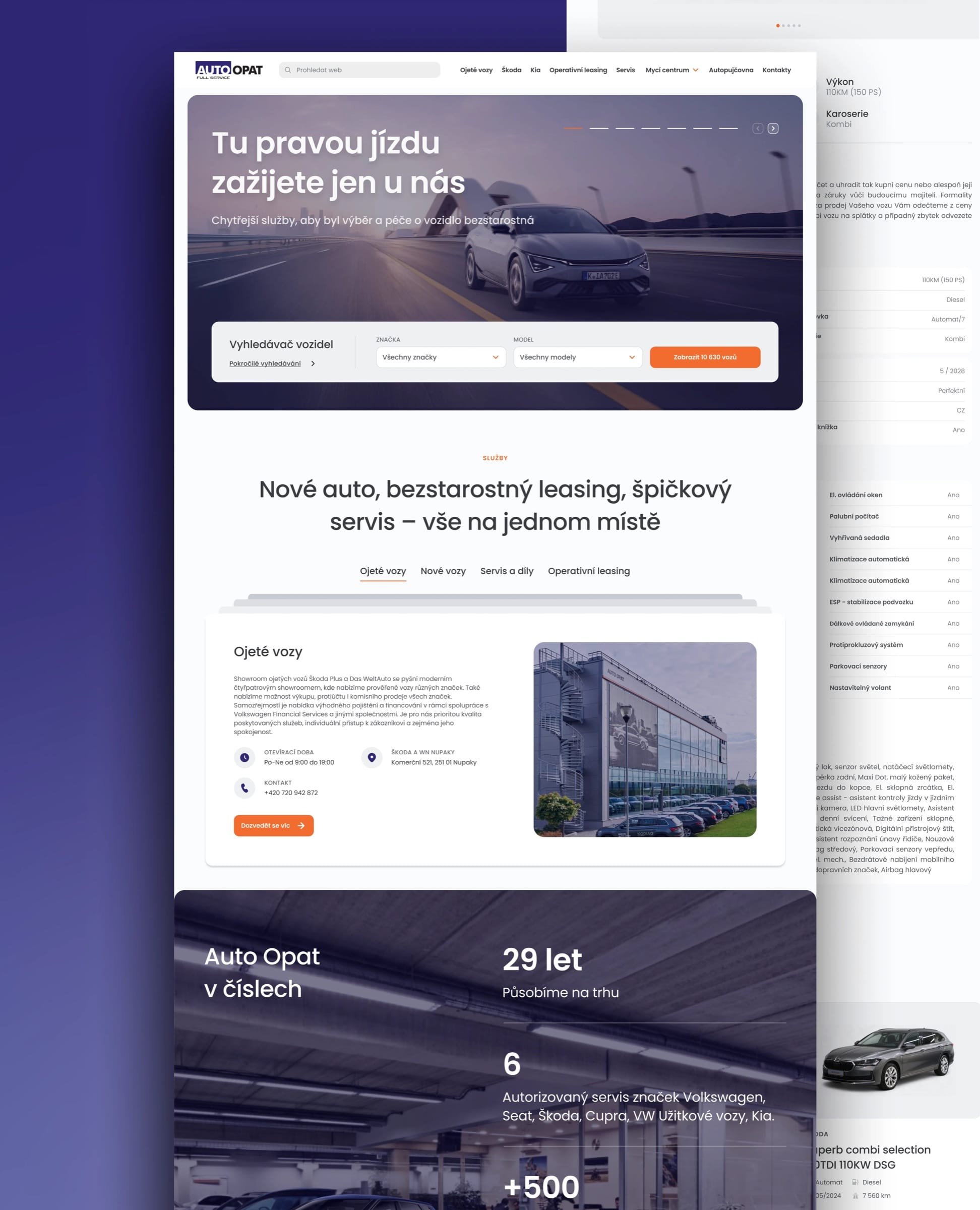 The Auto Opat homepage in Czech on violet, with the search hero, services and company in numbers, beside a car detail page.