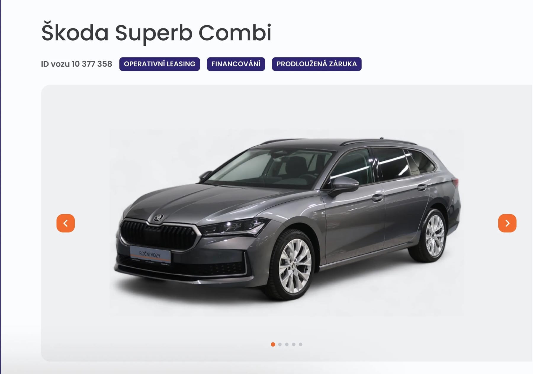 A car detail page: Škoda Superb Combi with tags for operational leasing, financing and extended warranty, above a gallery.