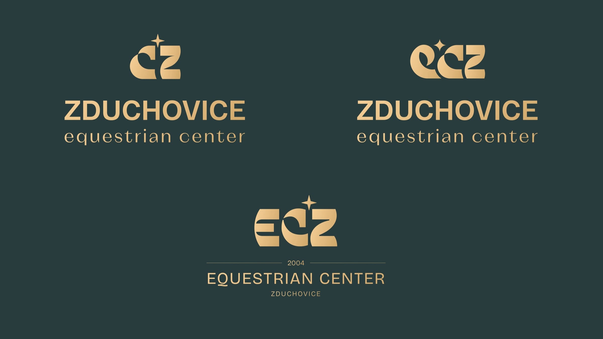 Three versions of the ECZ monogram with the Zduchovice equestrian center wordmark in gold on dark green.