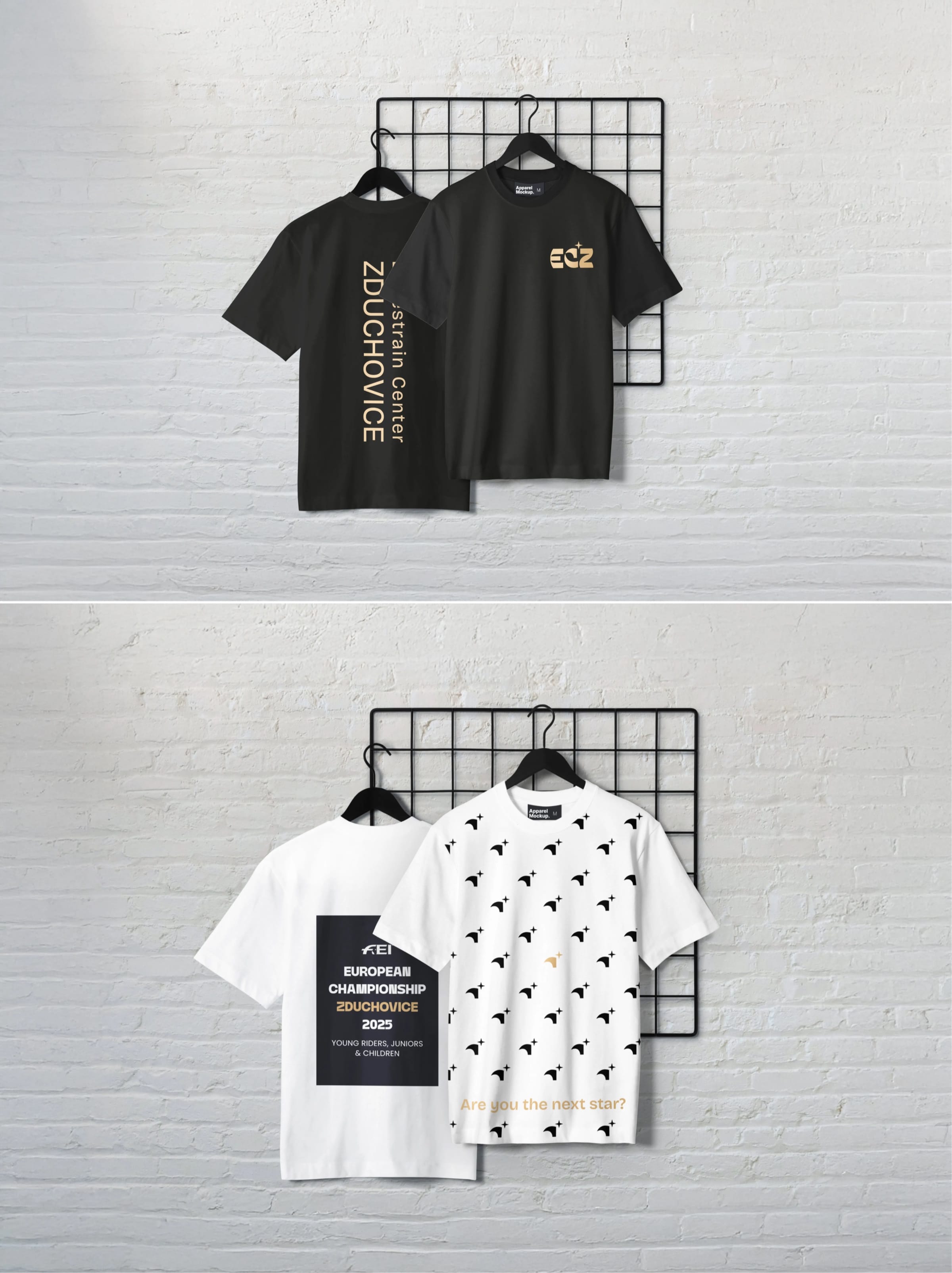Four ECZ T-shirts: black ones with the gold monogram, a white European Championship Zduchovice 2025 shirt and a pattern one.