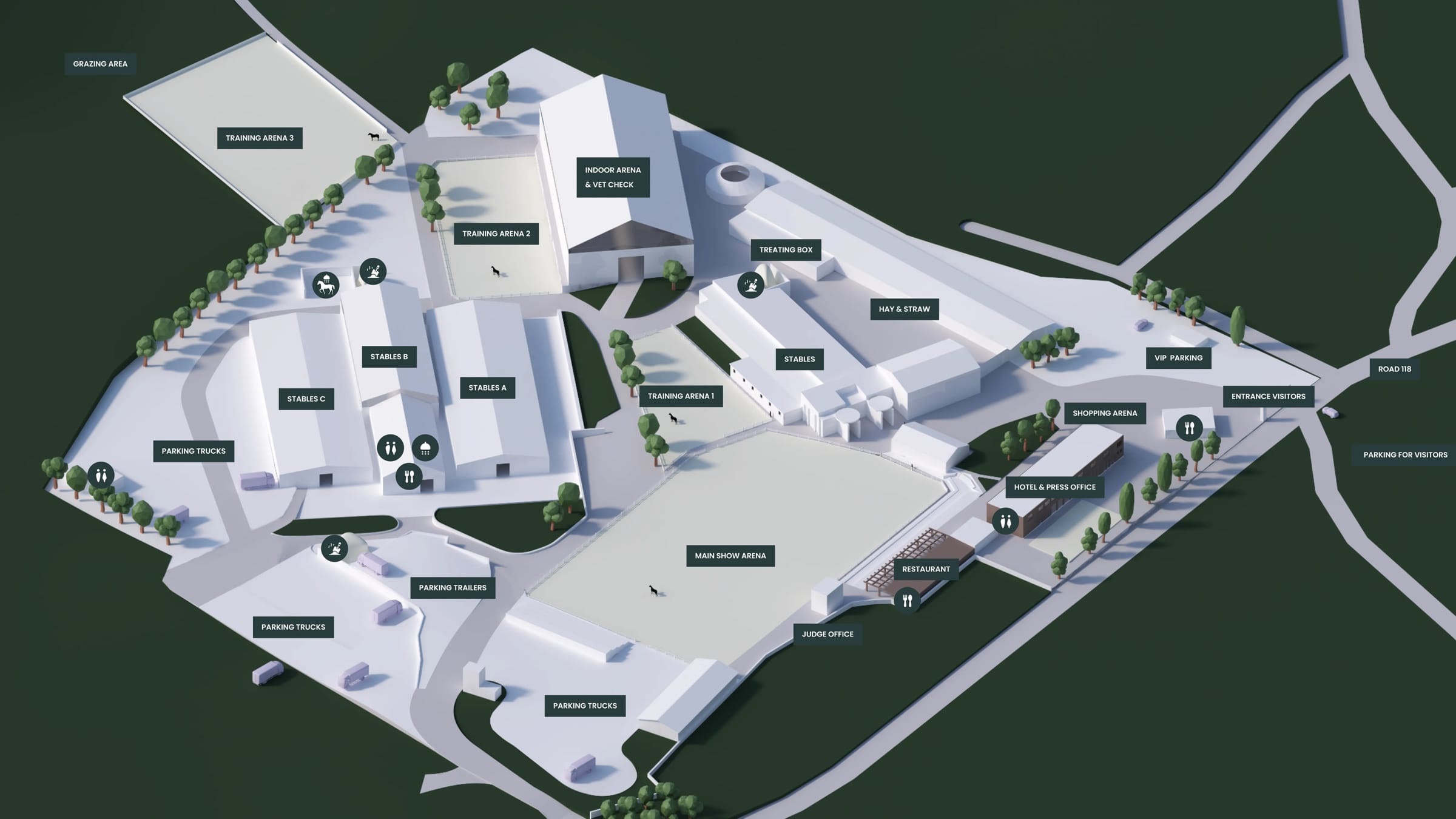 An isometric 3D map of the equestrian centre with arenas, stables and labelled buildings.