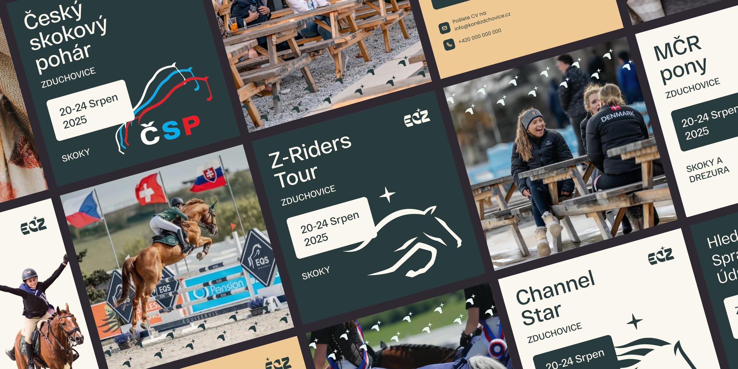 ECZ Instagram posts announcing competitions such as Z-Riders Tour and Channel Star, with rider photos on dark green and sand.