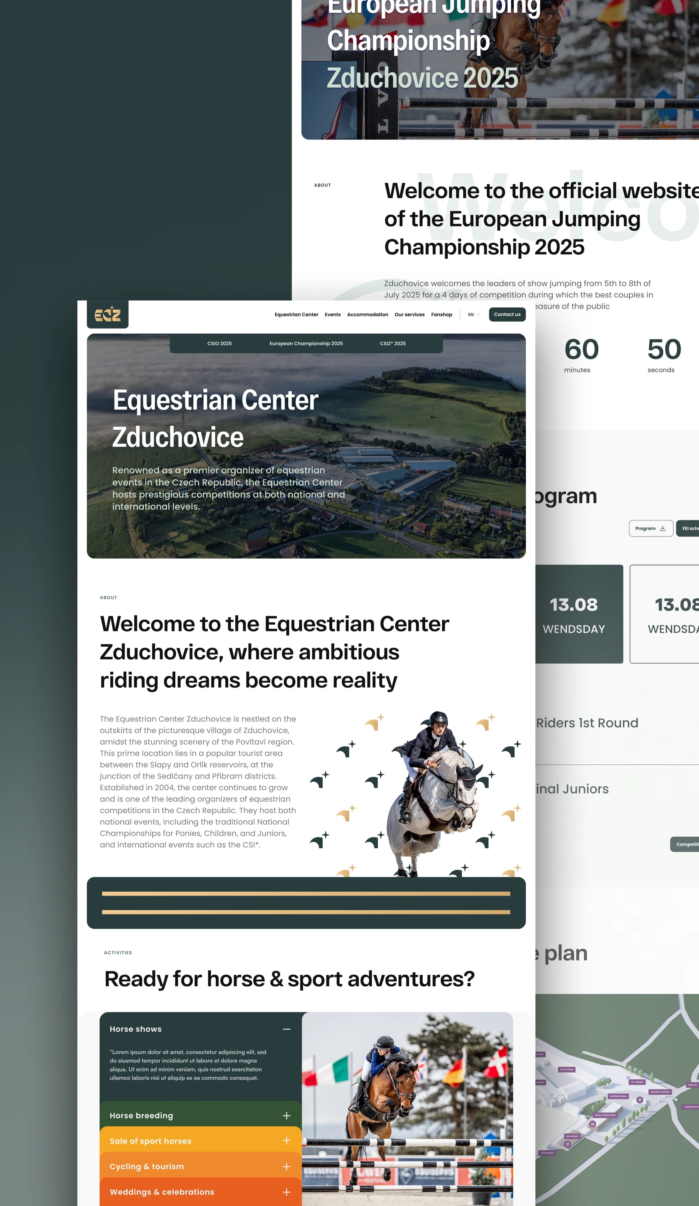The ECZ website: a homepage over an aerial photo of the grounds, and a European Jumping Championship page with a countdown.