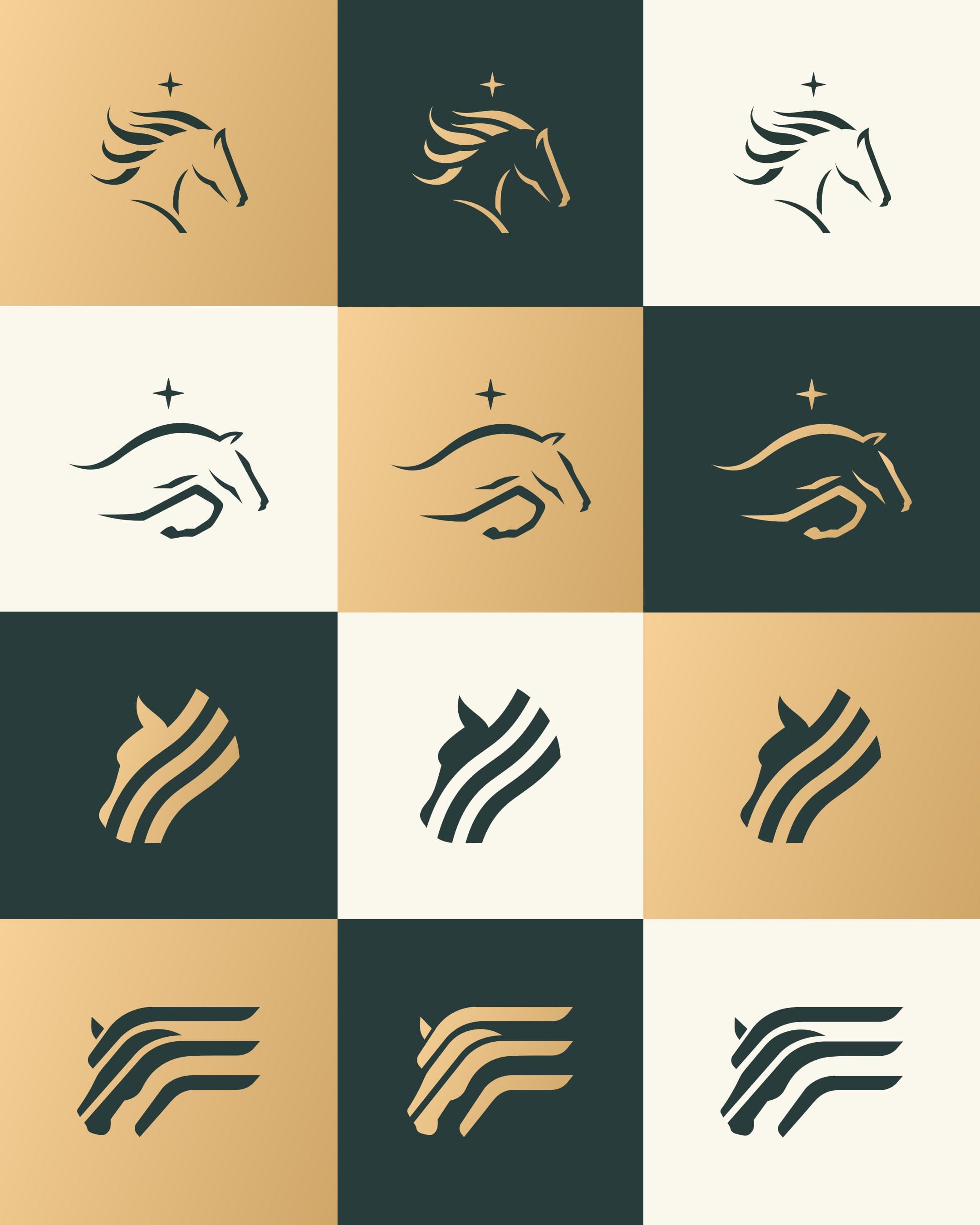 Twelve tiles in gold, dark green and cream showing four horse marks: a head, a jumping horse and two striped abstract heads.