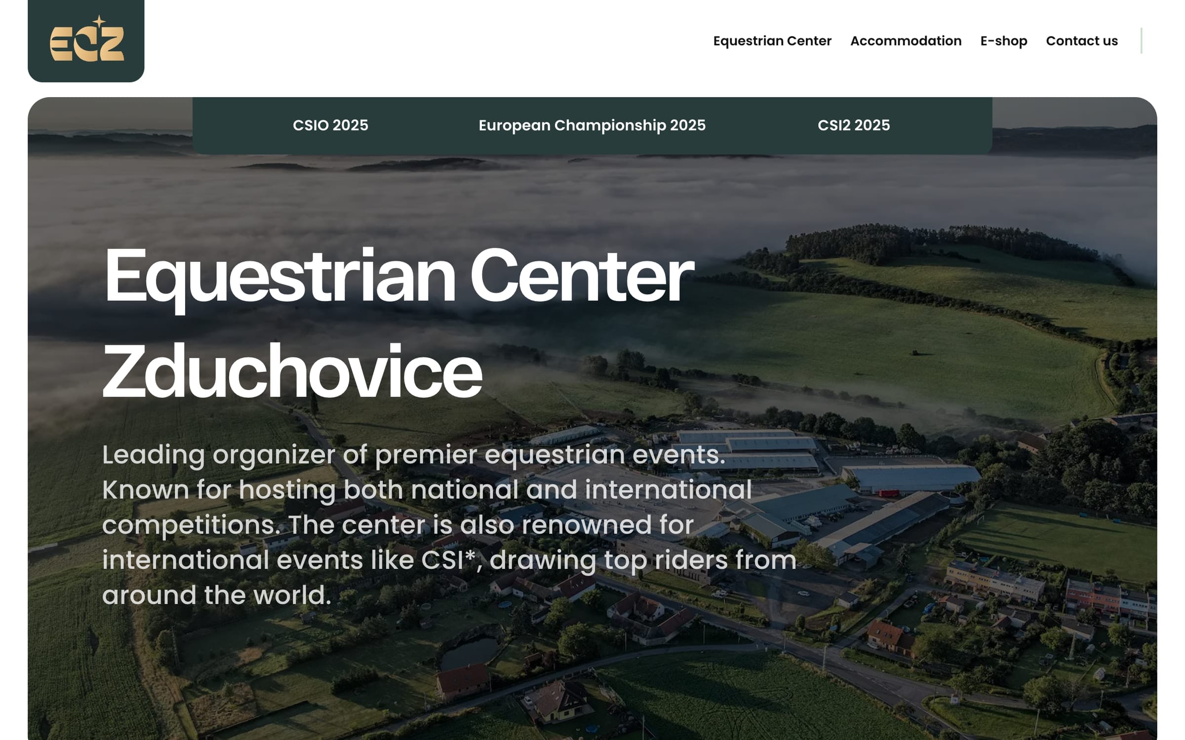 A scroll through the Equestrian Center Zduchovice homepage, from an aerial photo of the grounds to the lodge and site plan.