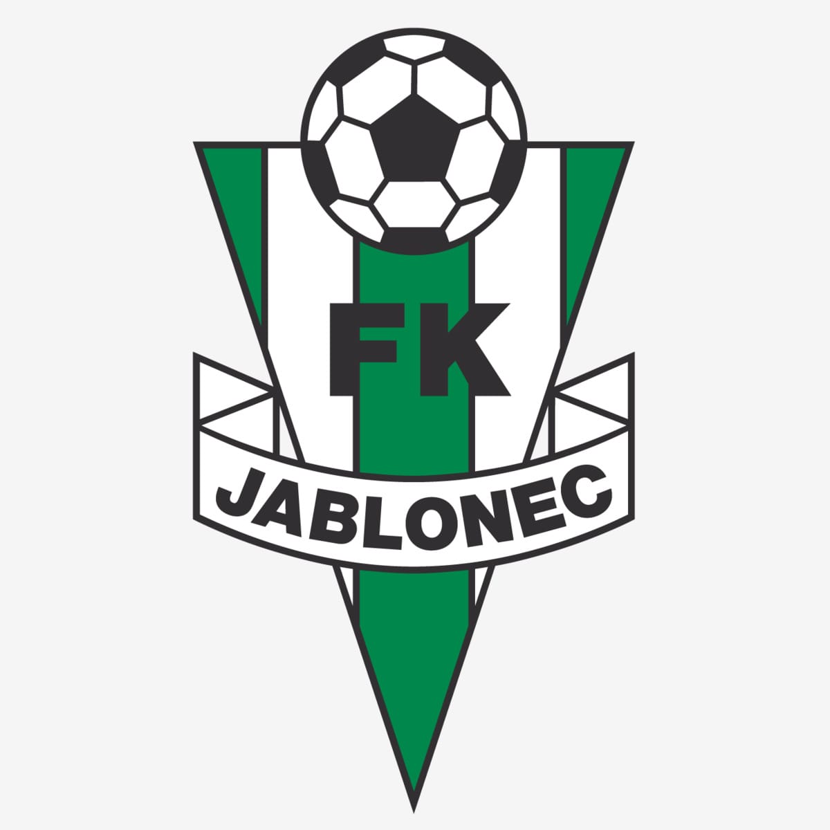 The previous FK Jablonec crest: a green-and-white striped triangle topped by a football, with the club name on a ribbon.