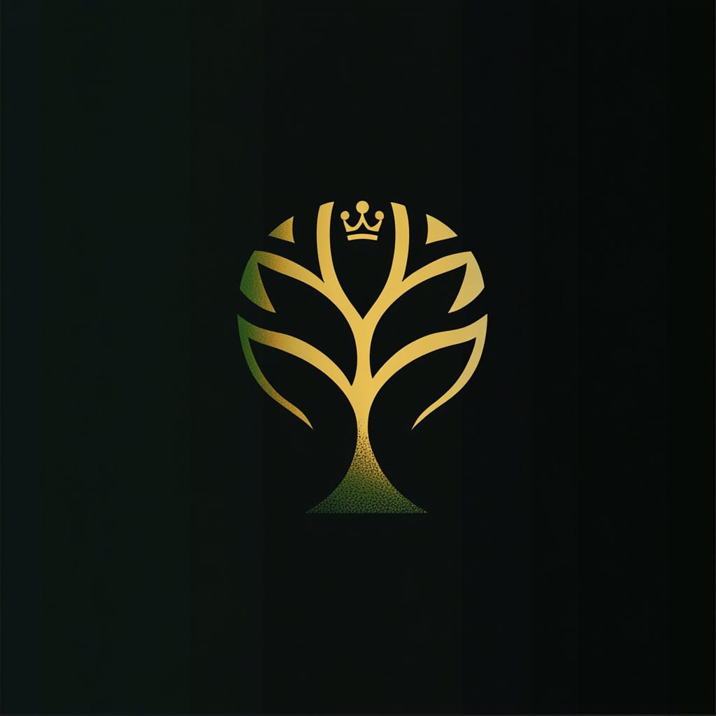 A gold tree emblem with a small crown in its branches on a black background.
