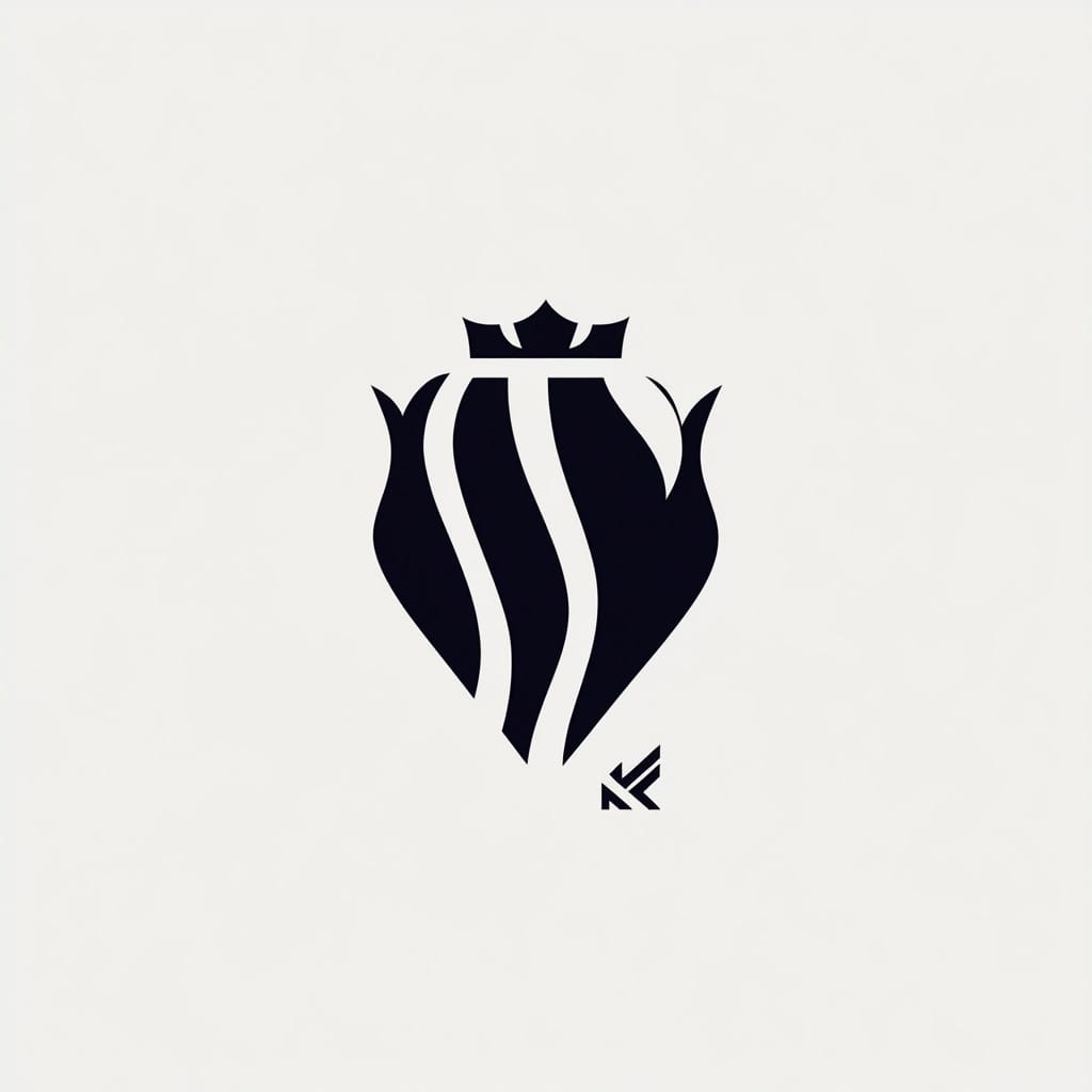 A black striped shield with a crown on top, on an off-white background.