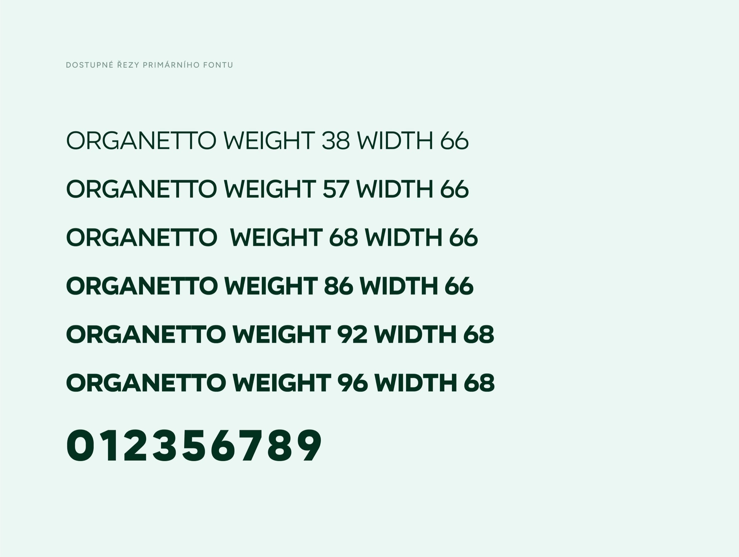 Organetto Variable specimen in six weights and widths, with numerals, in deep green on pale mint.